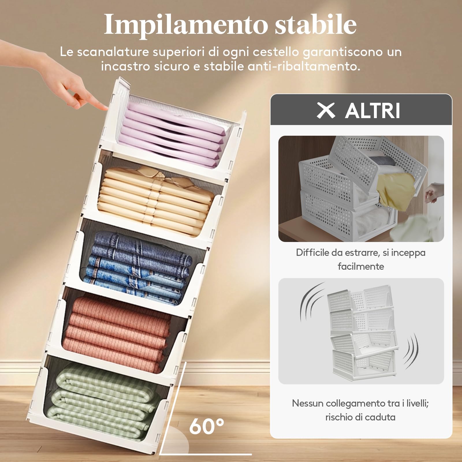 Lifewit Organizzatori Armadio con Cassetti Estraibili, 8 Pezzi Contenitori Impilabili per Vestiti, Ripiani per Armadio Interno, Scatole Salvaspazio in Plastica per Magliette, Pantaloni, 24L, Bianco