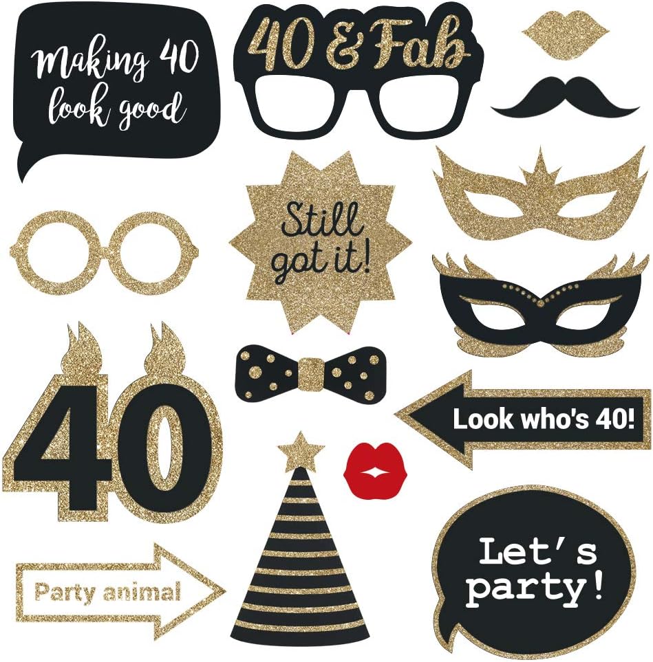 Fully Assembled 40th Birthday Photo Booth Props - Set of 30 - Black & Gold Selfie Signs - 40th Party Supplies & Decorations - Cute Bday Designs with Real Glitter - Did We Mention No DIY