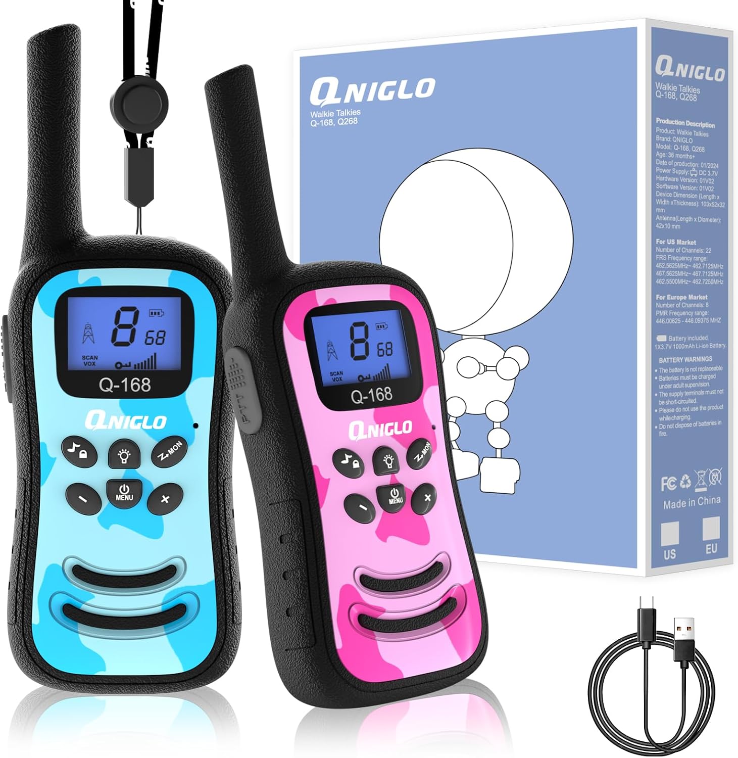 Two QNIGLO Q-168 Plus walkie talkies (one blue camo, one pink camo) with their retail box, two lanyards, and a USB-C charging cable.