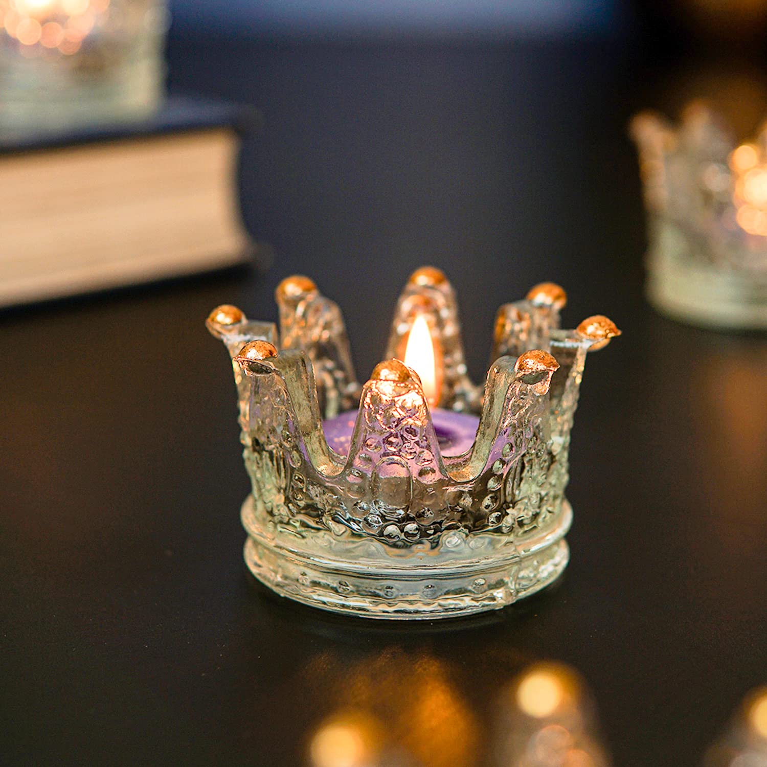 Craftlayout Glass Tea Light Holder with Crystal Crown for Diwali Décor - T-Light Candle Holder, Home Decoration Festival 3X3X2 Inch - Transparent (Pack of 2)-image-4