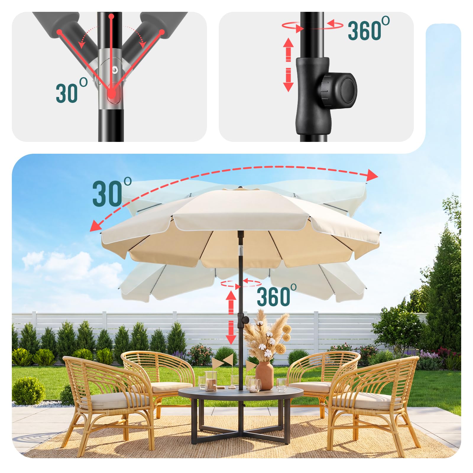 VOUNOT® Sombrilla Playa Grande Ø200cm y Soporte Arena Mástil Inclinable Altura Regulable Protección UV 50+ Parasol con Techo Ventilación Bolsa Transporte para Playa Terraza Balcón Camping Exterior — view 5