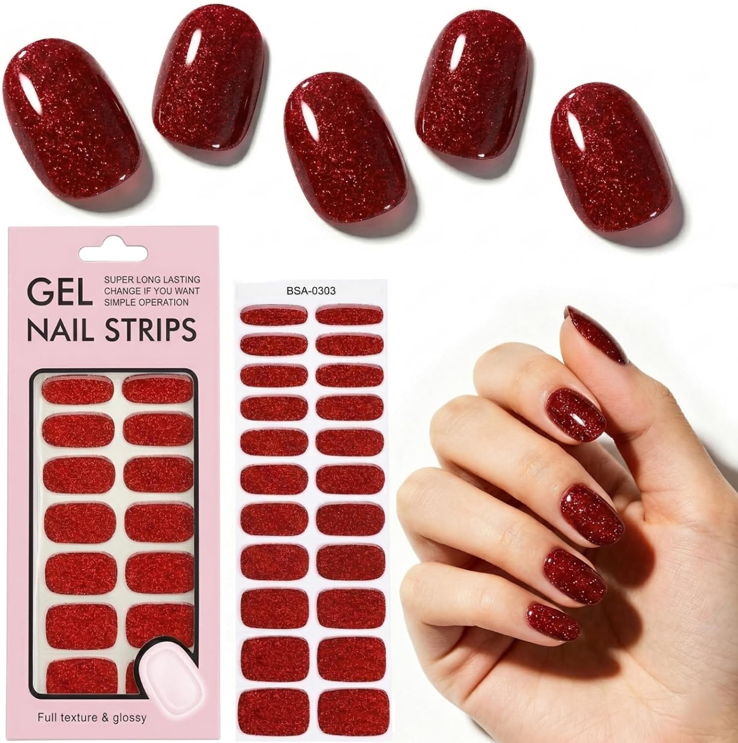 Semi Cured Gel Nail Strips No UV Lamp Needed, Ruby Red Glitter Nail Wraps for Women, Long Lasting Wear, DIY Salon Quality Manicure Kit with 22 Stretchable Stickers for Travel & Party