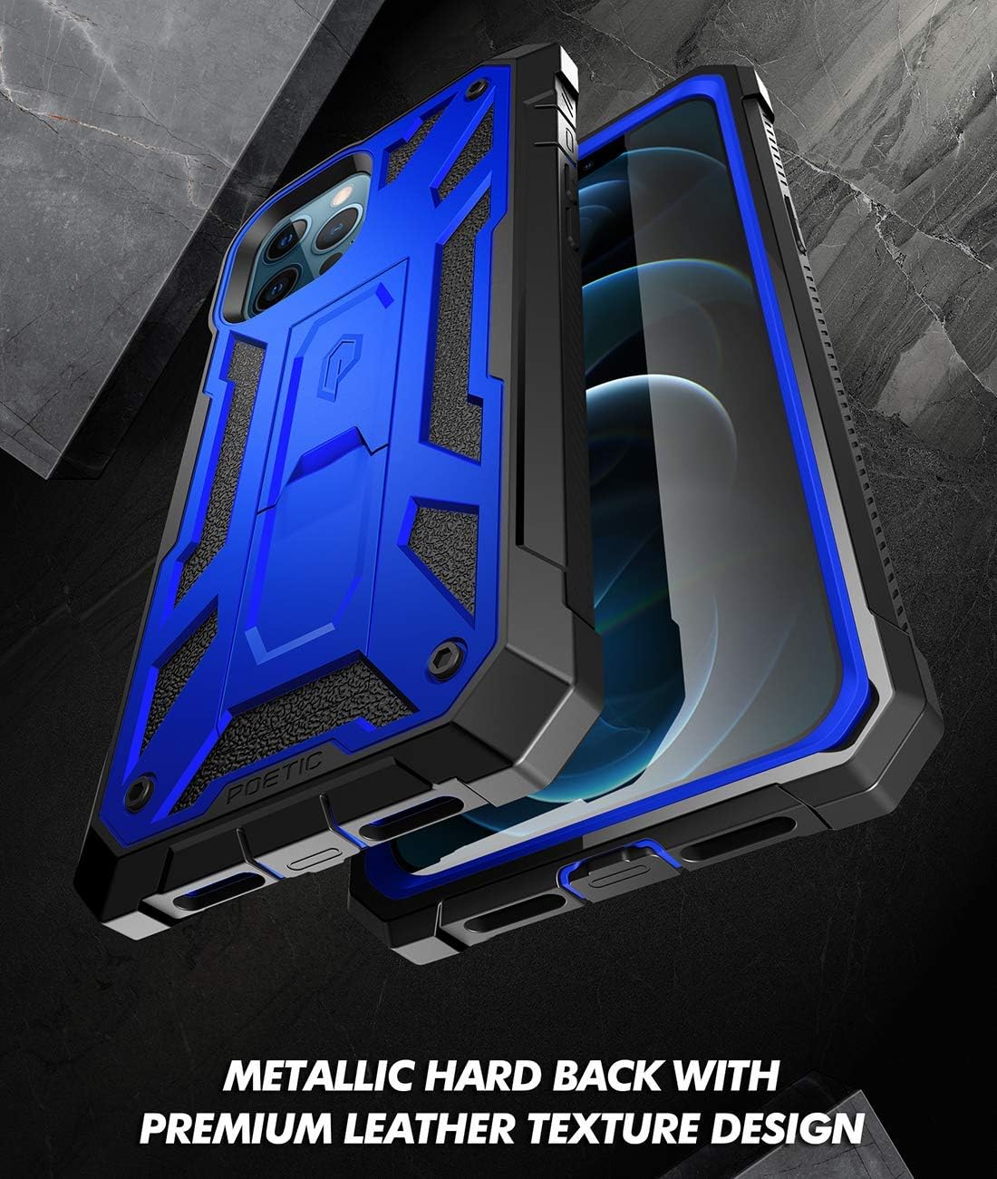 Poetic Spartan Series for iPhone 12 Pro Max 6.7 inch Case, Full-Body Rugged Dual-Layer Metallic Color Accent with Premium Leather Texture Shockproof Protective Cover with Kickstand, Metallic Blue