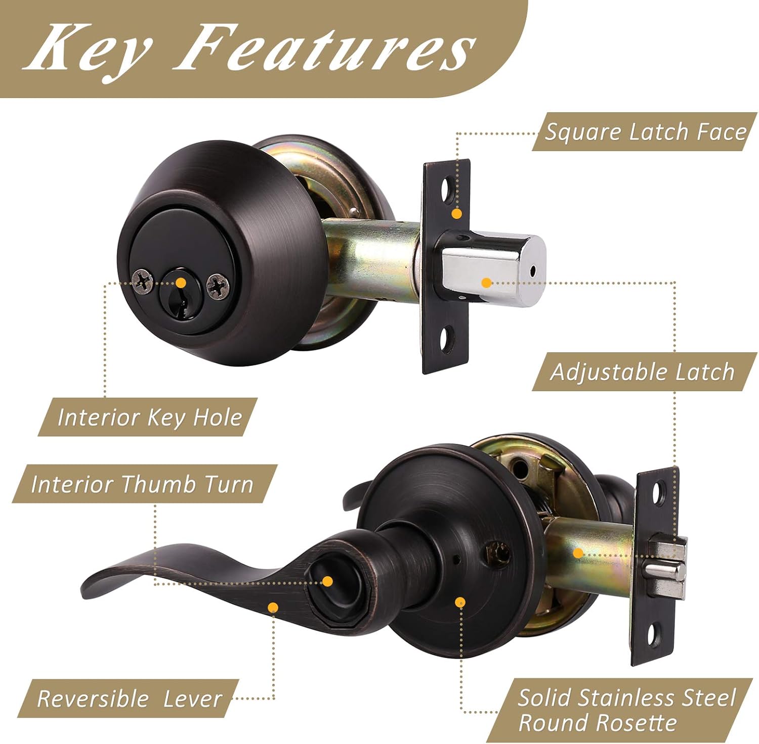 Probrico Wave Style Keyed Entry Door Handle Lever with Double Cylinder Deadbolt Combo Lock Set in Oil Rubbed Bronze Finish