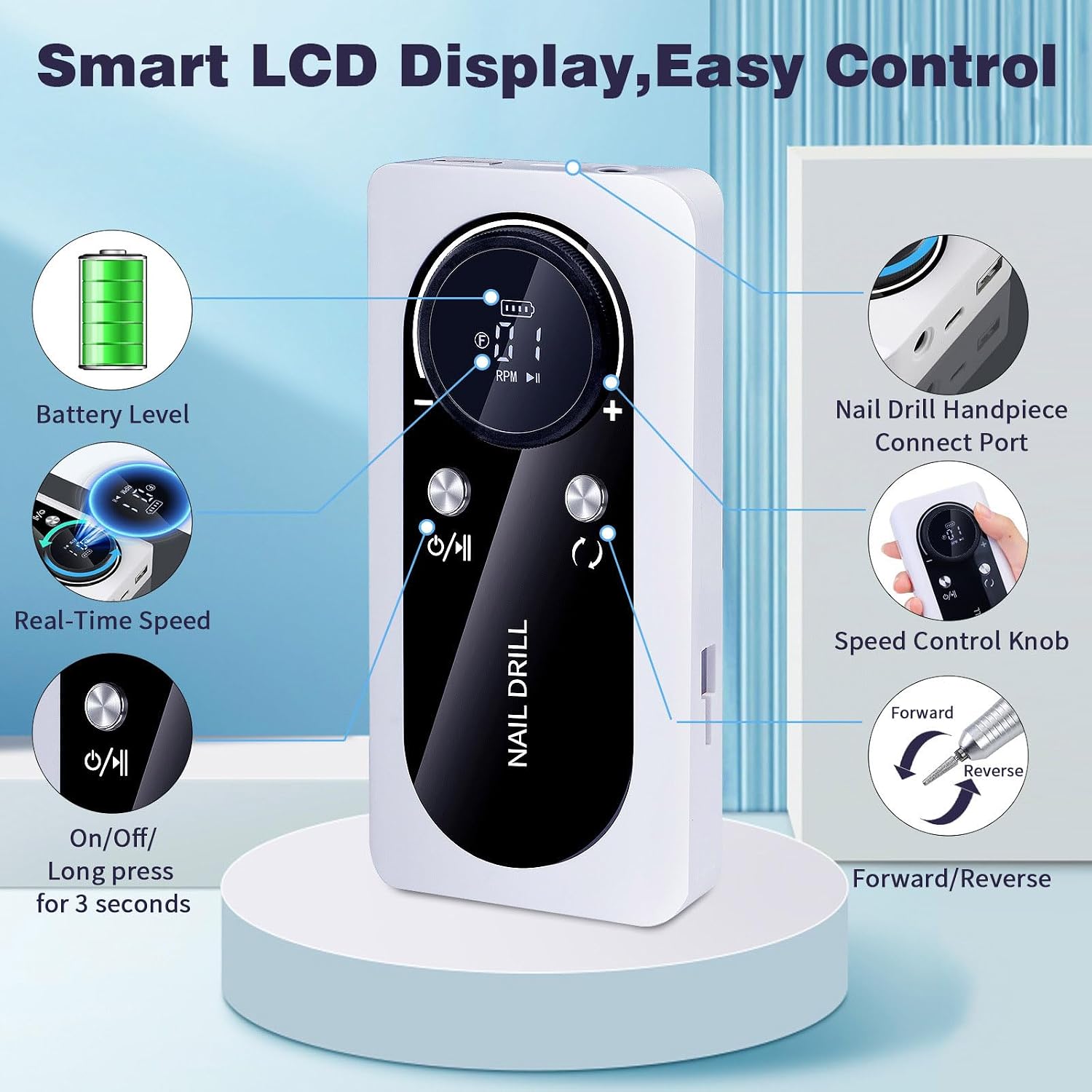 Electric Nail Drill Kit, Portable Rechargeable Nail Drill, 45000 RPM for Acrylic Nails, Gel Nails, Manicure Pedicure Polishing Shape Tools (White)