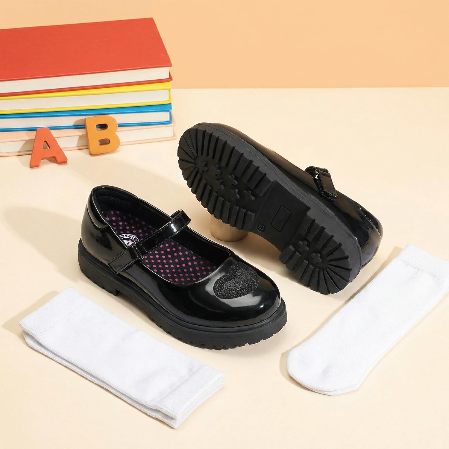 JABASIC School Shoes for Girls Mary Jane Uniform Oxford Dress Shoes with Knee High Socks