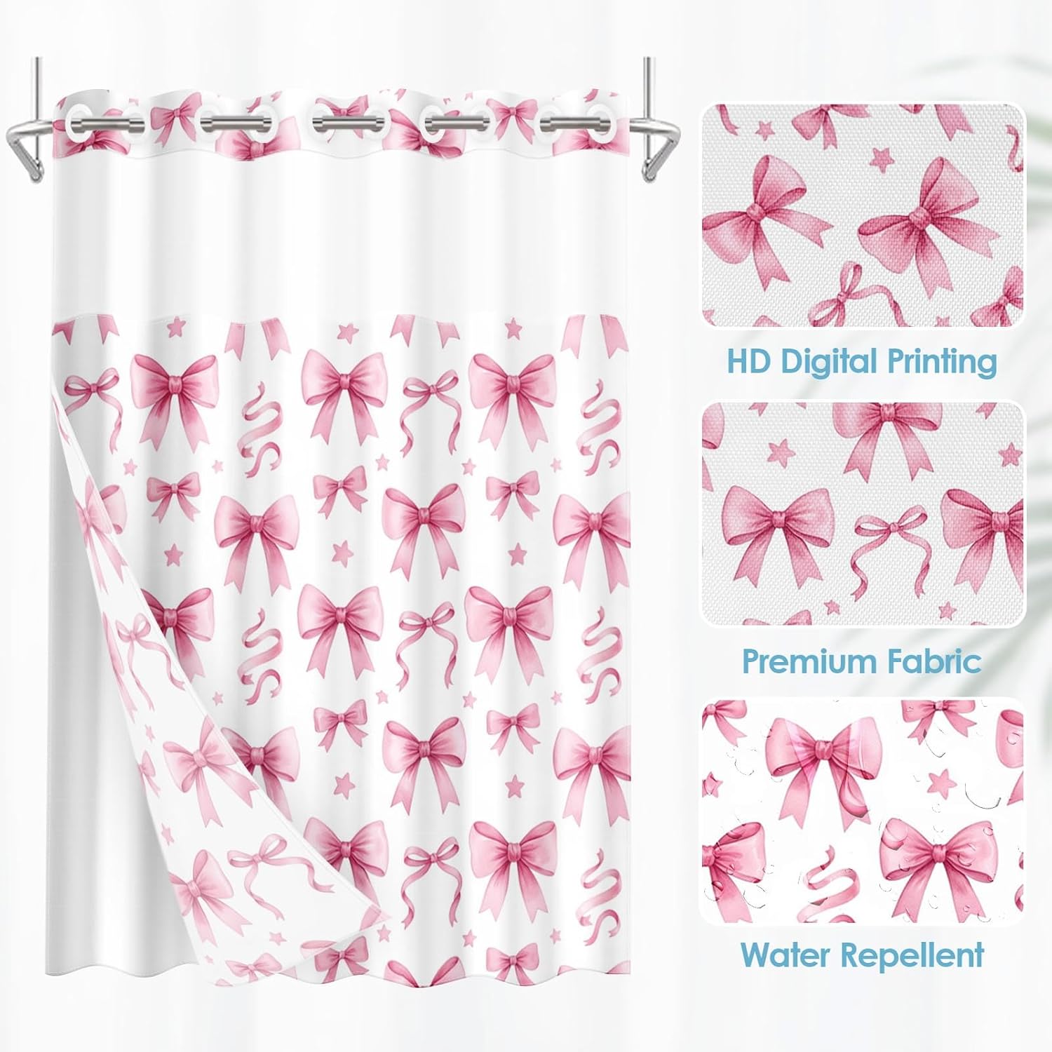 No Hook White Pink Bow Shower Curtain with Snap in Fabric Liner Set, Girls Cute Double Layers Waterproof Fabric with See Through Top Window Open Grommet Bath Curtain 71x74 Inch