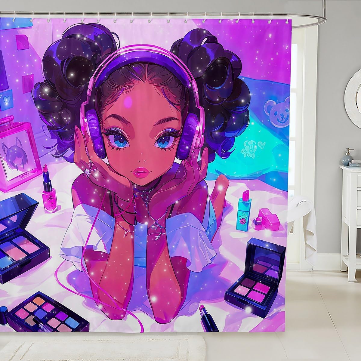 Erosebridal Black Girls Magical Bathroom Curtain 72" Wx78 L American African Princess Shower Curtain for Kids Girls Bathroom Purple Blue Bath Curtain for Women Fashion Makeup Bathroom Accessories