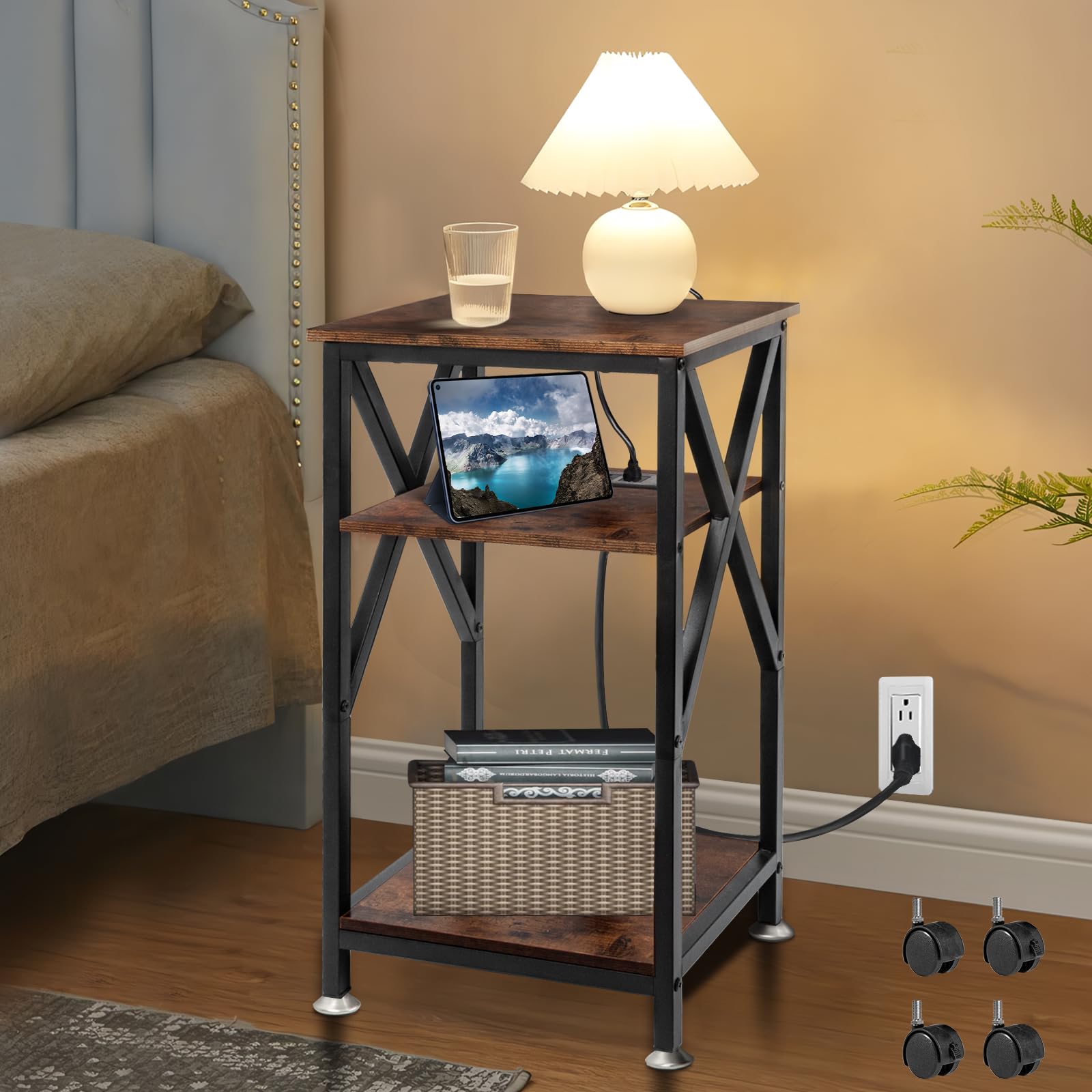 TooCust 3 Tier end Table Living Room with Charging Station, 16" W x 12" D x 28" H, Metal and Brown Bedside Table with USB Ports and Outlets, X-Shaped Side Table with Wheels for Bedroom