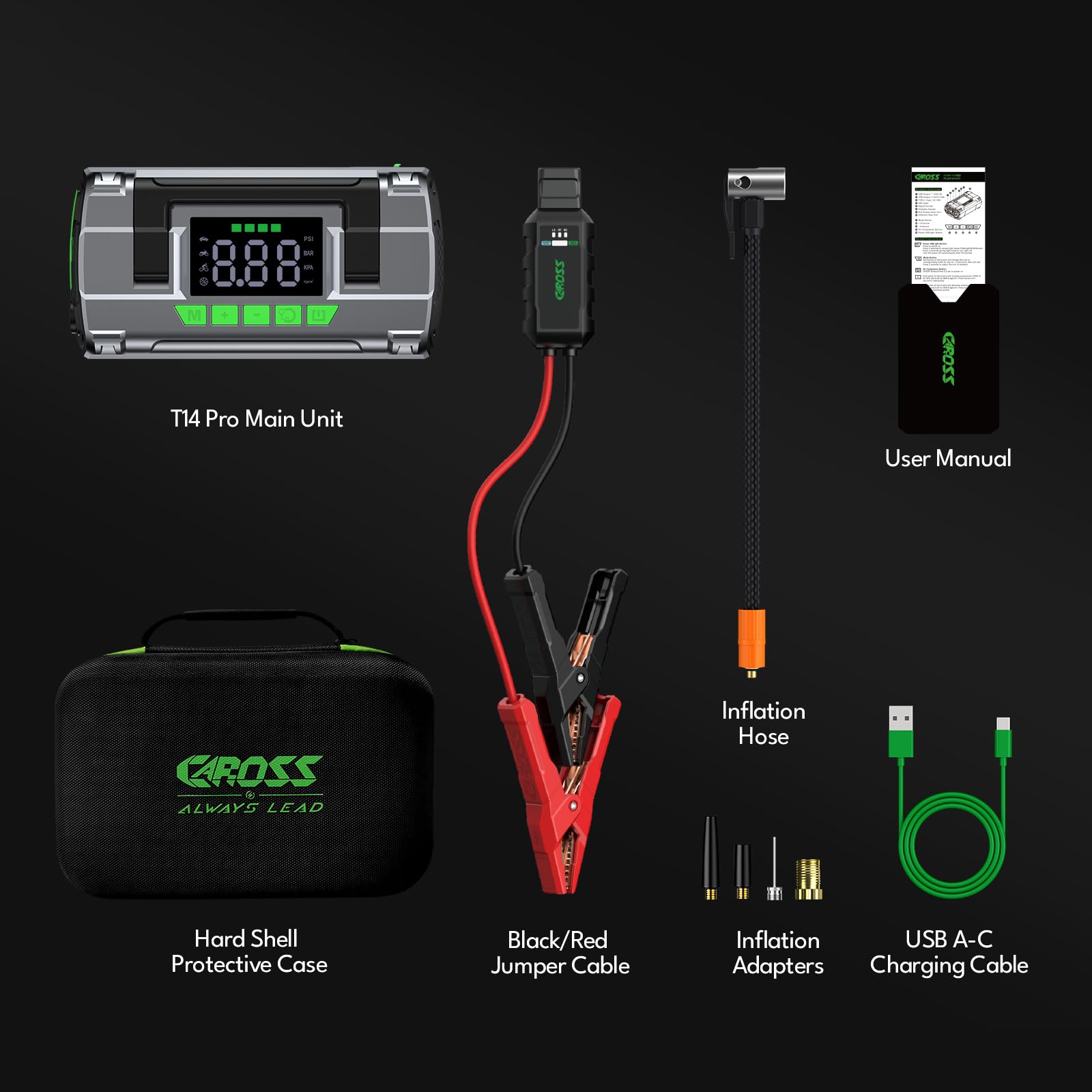 CAROSS T14 Pro Arrancador de Batería 12V 1500A 16000mAh | Compresor de Aire 150 PSI, Batería de Iones de Litio, Arrancador Inteligente