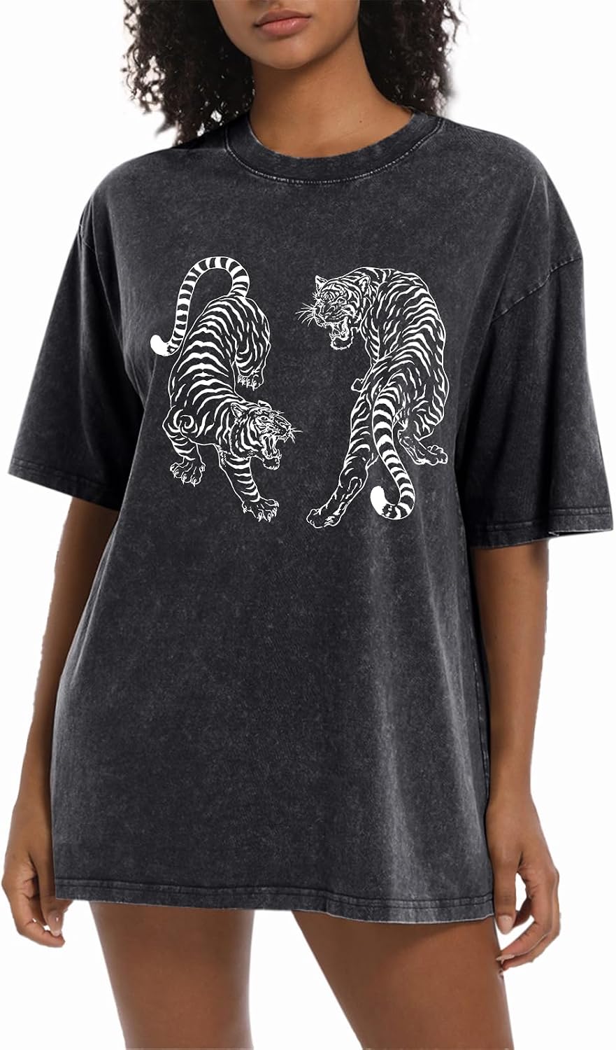 Tiger Graphic Tees Shirt for Women Oversized Streetwear Shirts Acid Wash Tshirt Tigers Print Cotton Summer Tops