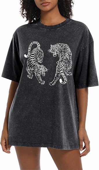 Tiger Graphic Tees Shirt for Women Oversized Streetwear Shirts Acid Wash Tshirt Tigers Print Cotton Summer Tops