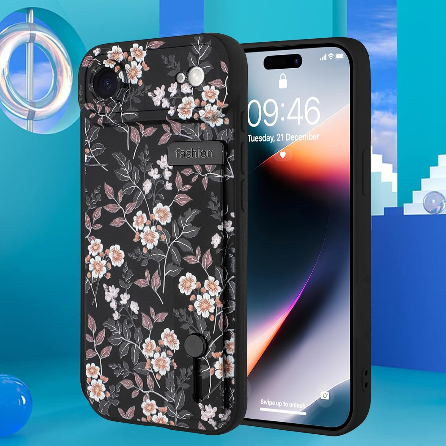 Compatible with iPhone Air Case for Women Men, Cute Flower Floral Pattern, Built in Adjustable Metal Wrist Strap Grip Hand Holder Kickstand Soft Silicone Cover 6.5 Inch, Black - Image 4