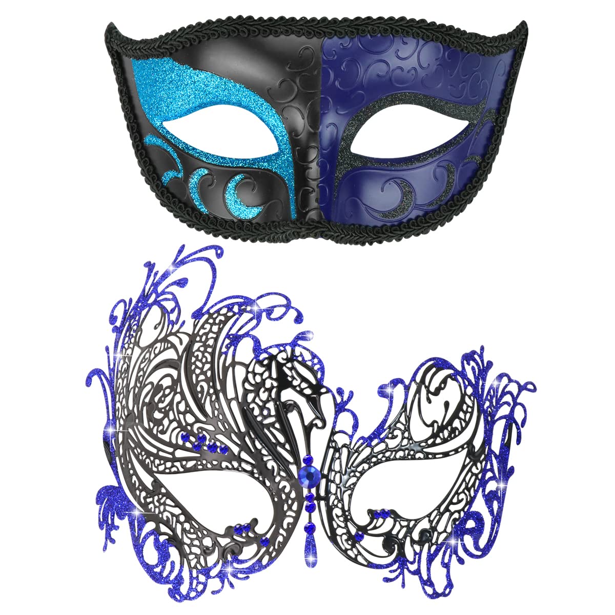 Coddsmz Couple Mask - Half Venetian Masquerade Ball & Mardi Gras Mask 2 Pack (Black & Blue-04)