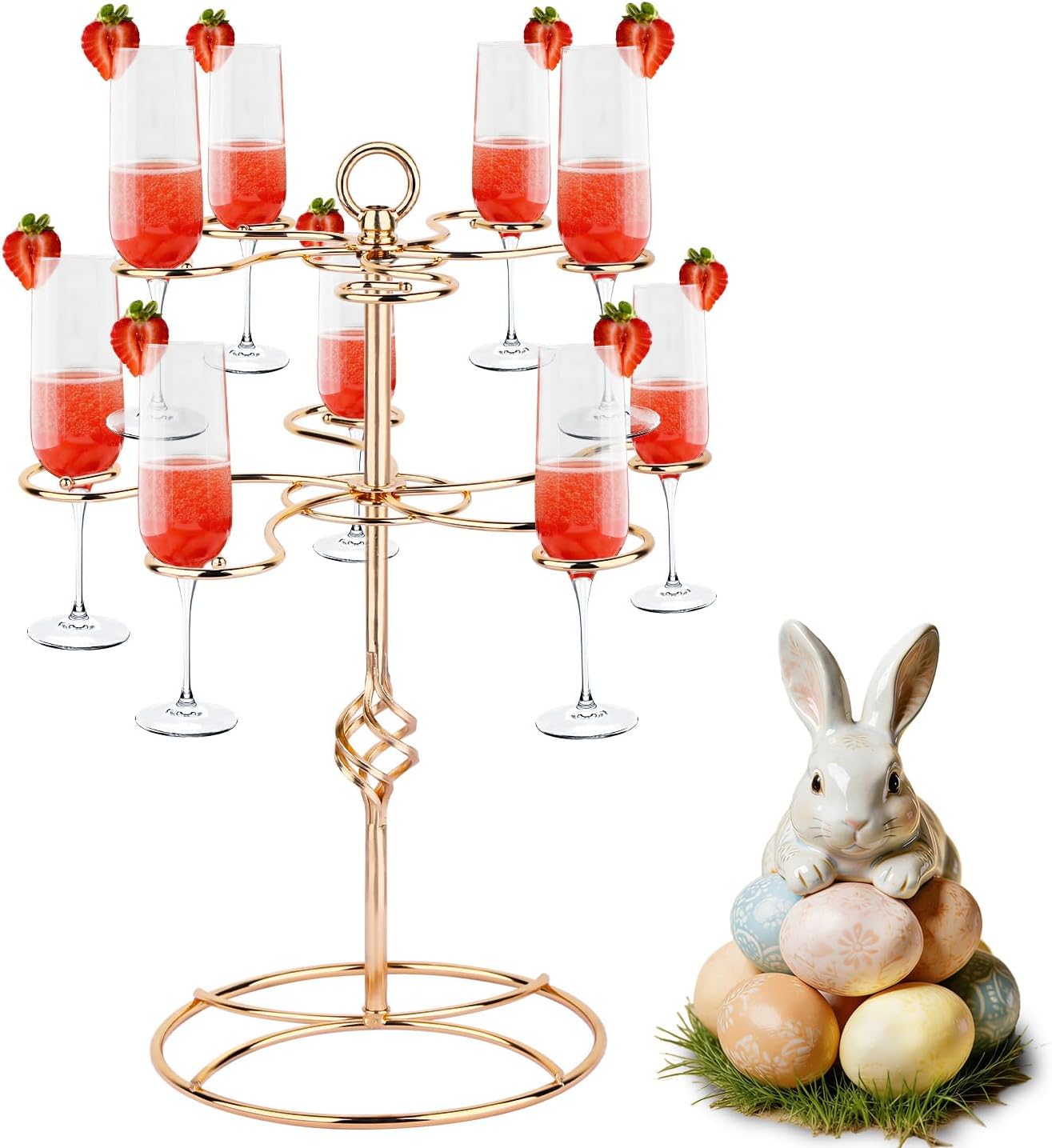 QPIX DIGITAL Wine Glass Rack 2 Tier 10 Holders Wine Glasses Stand, Elegant Rose Gold Cocktail Tree Stand Countertop Tabletop Stemware Rack for Home and Bar Storage,Easy Assembly