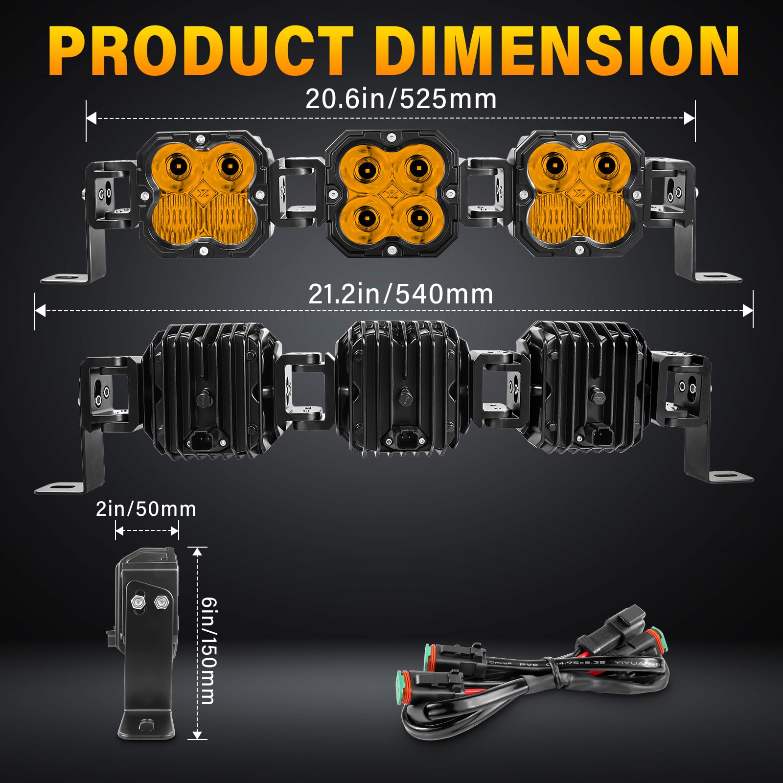 AUXTINGS 50 cm, 90 W, bursztynowa listwa świetlna LED z okablowaniem, prosta, zakrzywiona regulacja, szeroki zakres wiązki 12 V/24 V, reflektor terenowy, 4 x 4, wodoodporna lampa przeciwmgielna do UTV