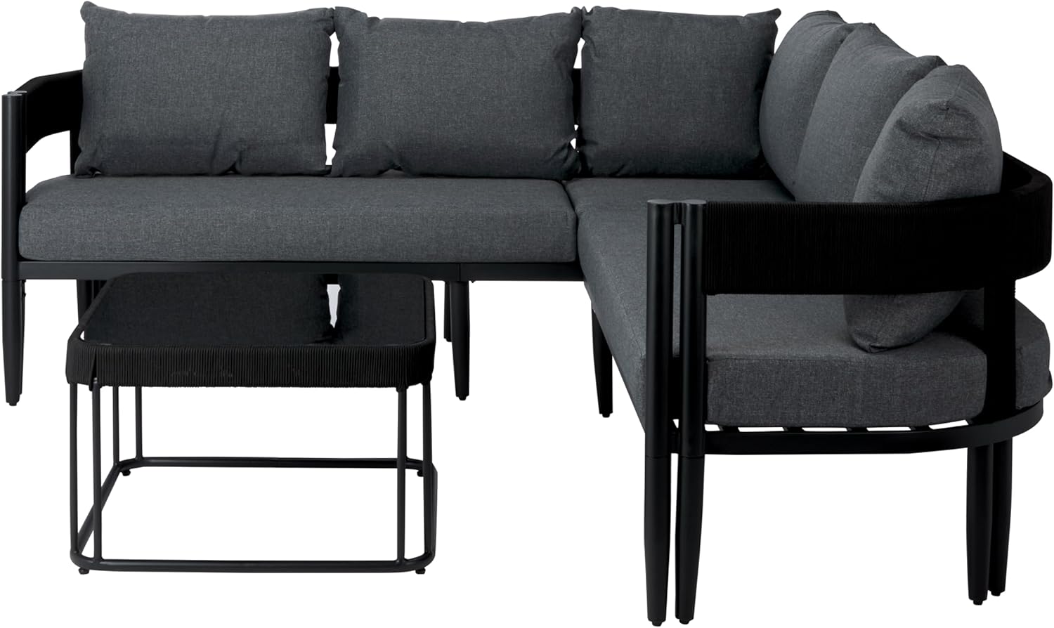 SAFAVIEH Outdoor Patio Furniture Collection - Viola Black & Grey Corner Set with Table, Modern Steel & Rope Sectional Sofa (PAT7754B)