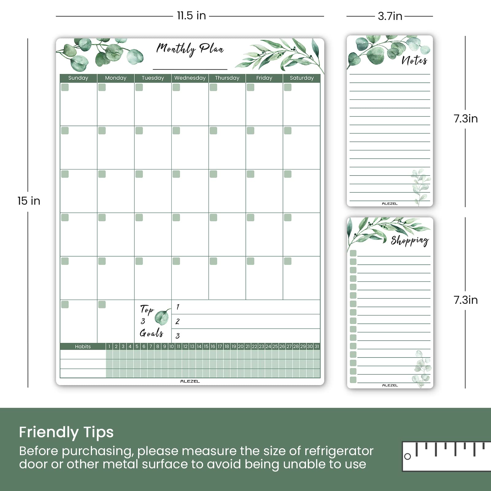 ALEZEL Magnetic Dry Erase Calendar for Fridge, Greenery Monthly Fridge Calendar Whiteboard Set - Vertical Monthly Calendar for Refrigerator, Grocery & to Do List White Board, 3 Markers + Eraser 3