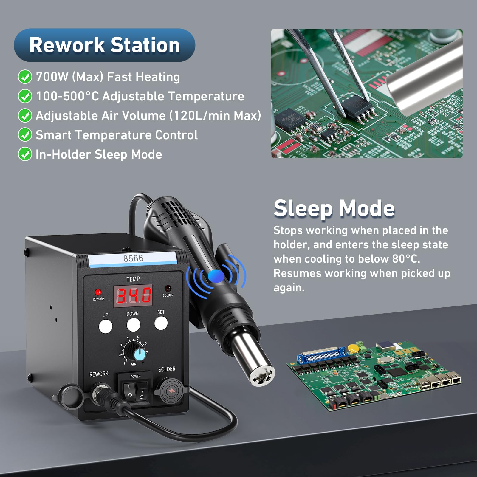 Stazione Saldante 2-in-1 con Schermo LCD, Ugelli a Cambio Rapido, Temperatura e Volume D'aria Regolabili, Auto Start/Stop
