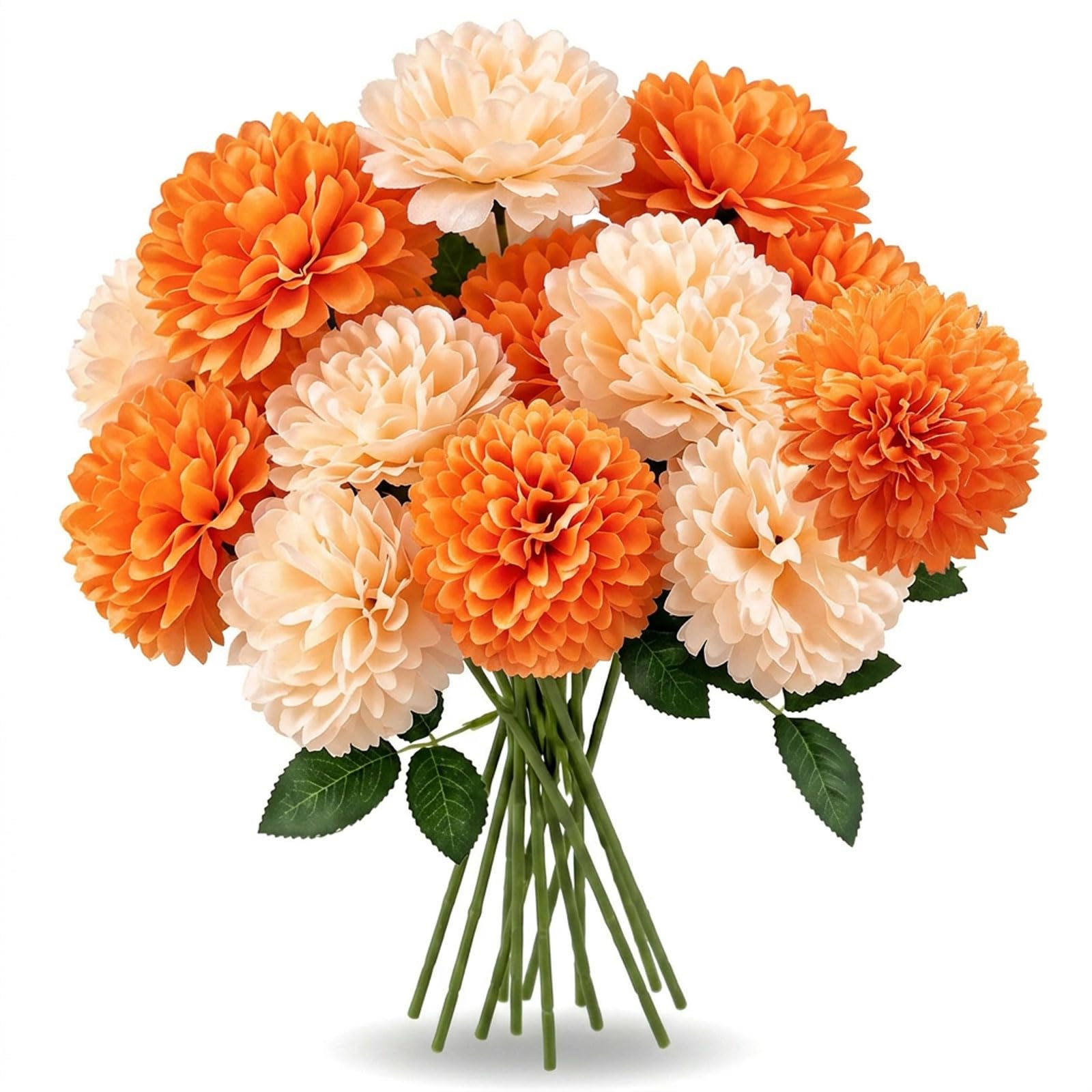 16PCS Artificial Chrysanthemum Flowers, 28 cm Artificial Ball Chrysanthemum Flowers, Orange and Apricot Flowers with Leaves, Long Stem Faux Flowers for Vase Home Table Centrepieces Office Decor