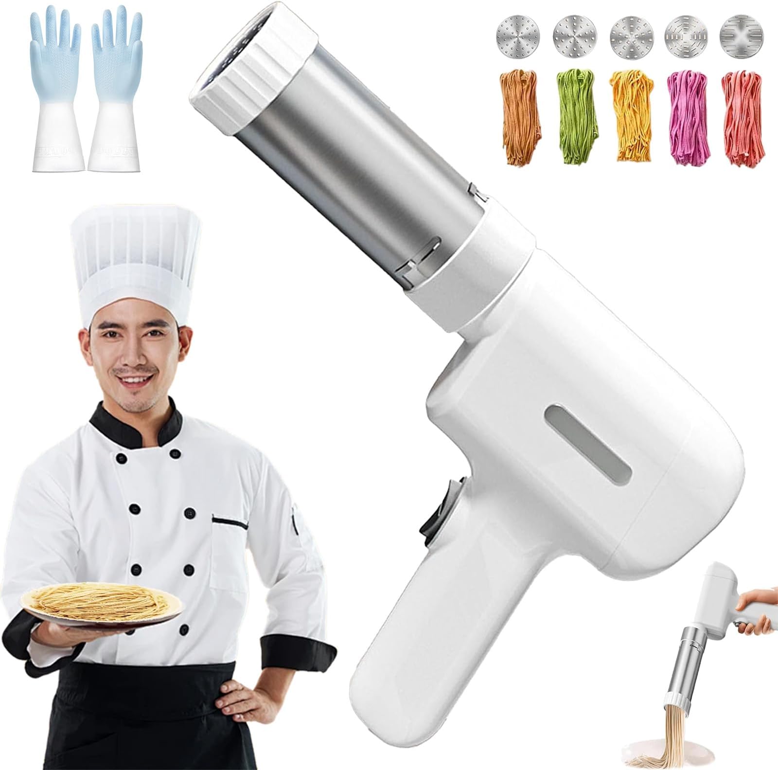 Idiyappam Maker Electric, 2025 New Summer Snow Idiyappam Maker with 5 Molds, 5-In-1 Cordless Pasta Maker, Spaghetti Noodle Makers Press for Home & Commercial Use, Easy Assembly & Cleaning (White)