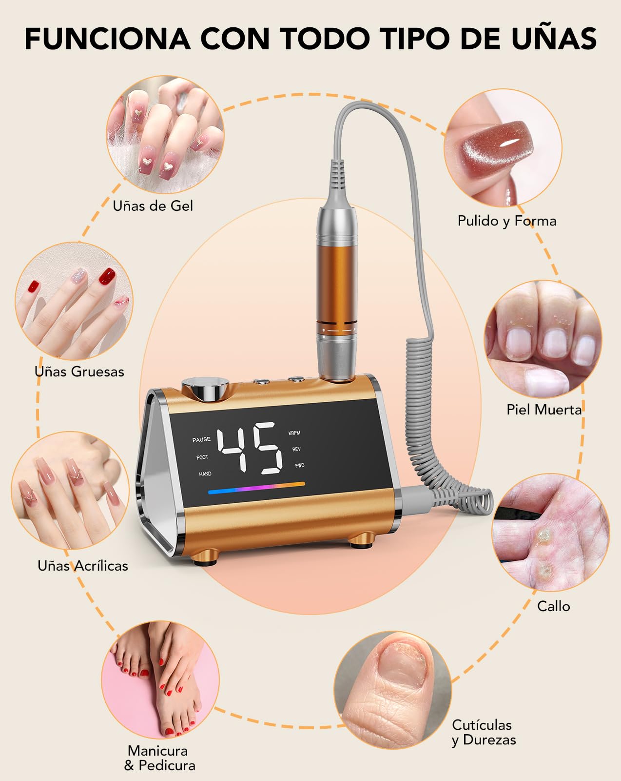 HOMEASY Torno para Uñas Profesional 45000 RPM, Máquina Pulidora de Uñas Eléctrica con Pantalla LCD HD y Pedal, Bajo Ruido y Vibración, Kit con 10 Brocas y 75 Bandas de Lijado para Uso en Casa y Salón | Pantalla LCD con funcionamiento de red y pedal para u