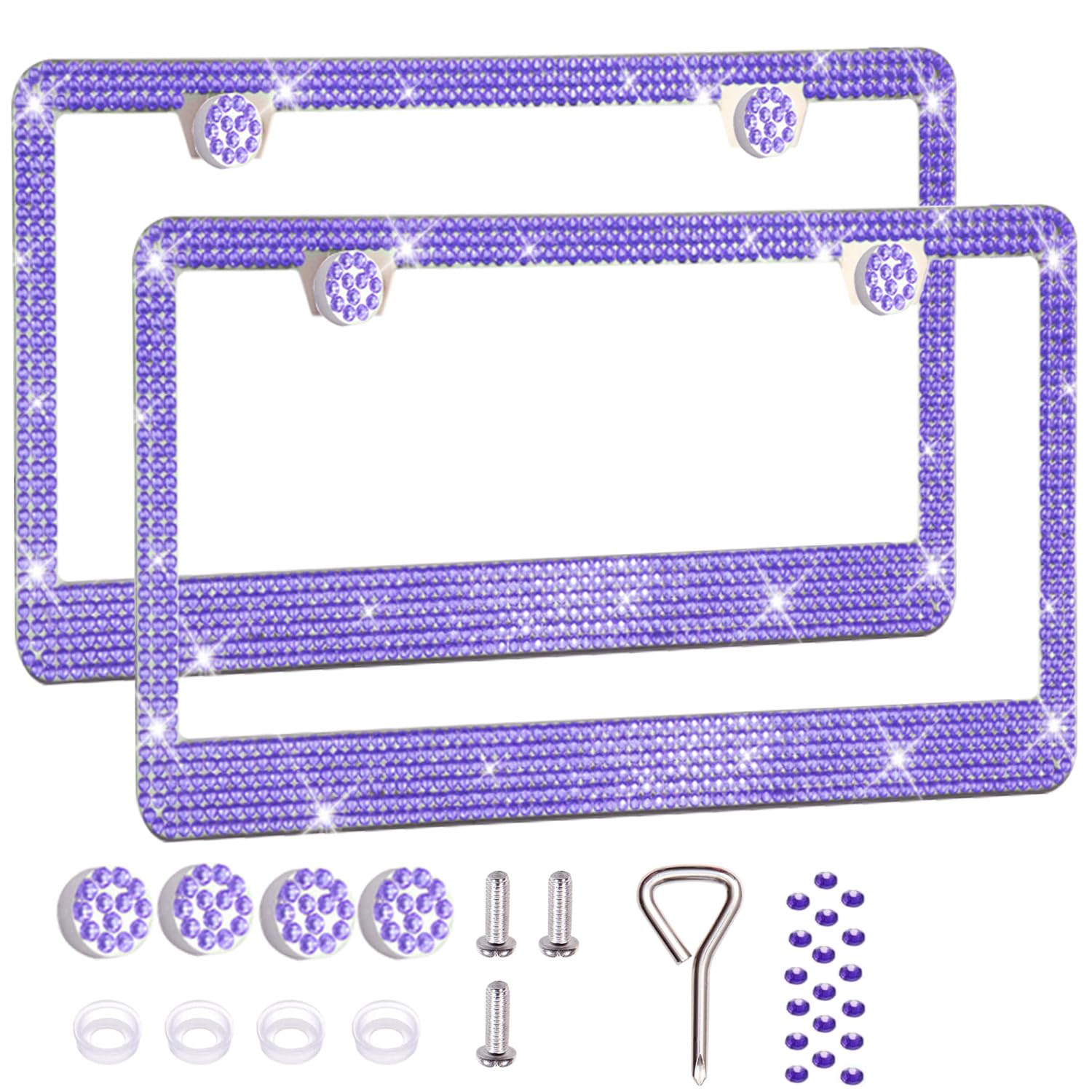 2 Pack License Plate Frames for Women, Sparkly Rhinestone Diamond Car Accessories with Glitter Crystal Caps (Purple (2PCS))