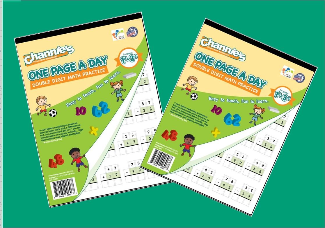 Channie's Eine Seite pro Tag, zweistellige Mathematikübungs-Arbeitsblätter, insgesamt 100 Seiten Vorder- und Rückseite (50 Blatt) im 2er-Pack-Set, Klasse 1., 2. und 3., Größe 21,6 x 27,9 cm (2 Stück)