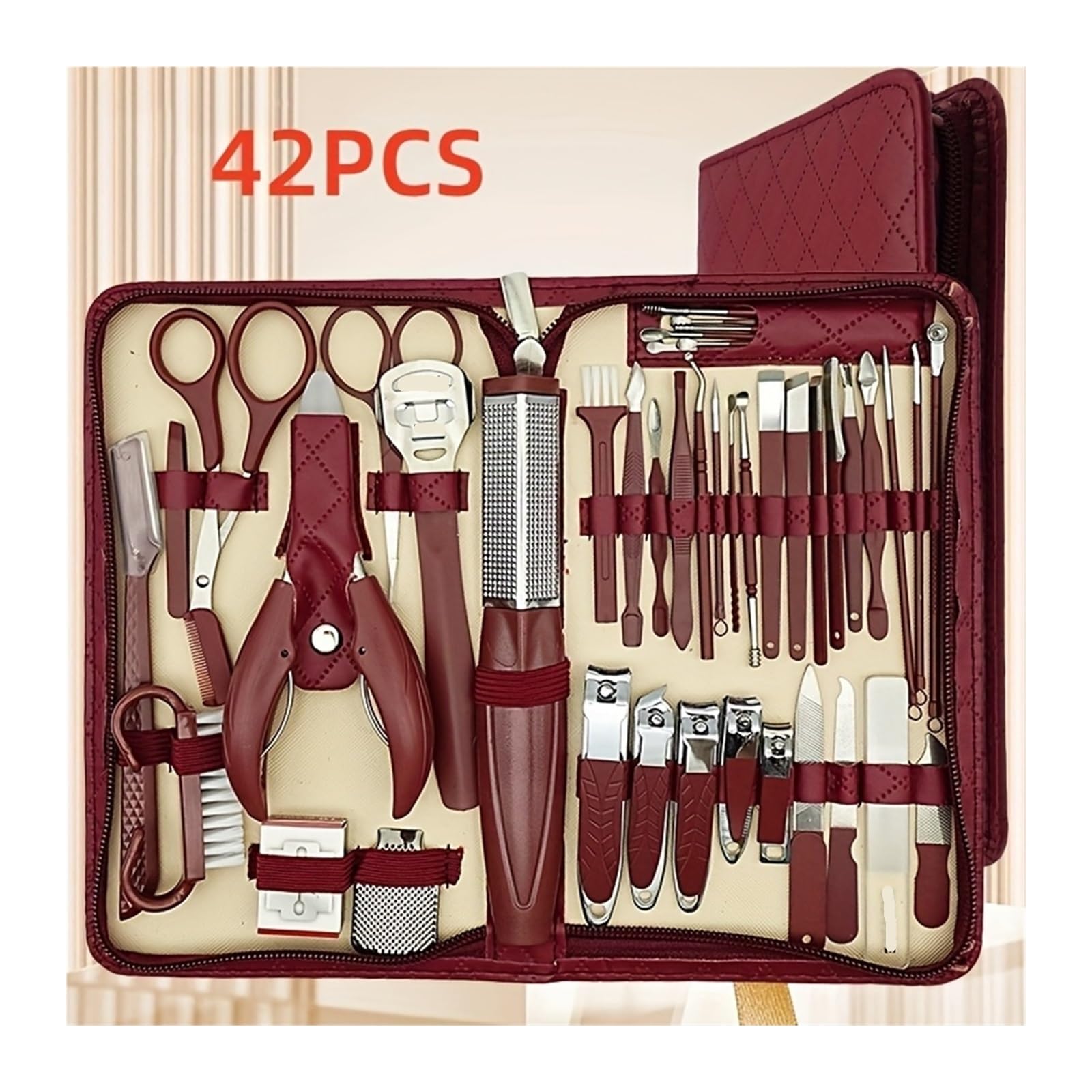 Set profesional de manicura y pedicura 42 piezas: cortaúñas acero inoxidable, alicates for cutículas, estuche viaje portátil, herramientas belleza(SET152-Red)