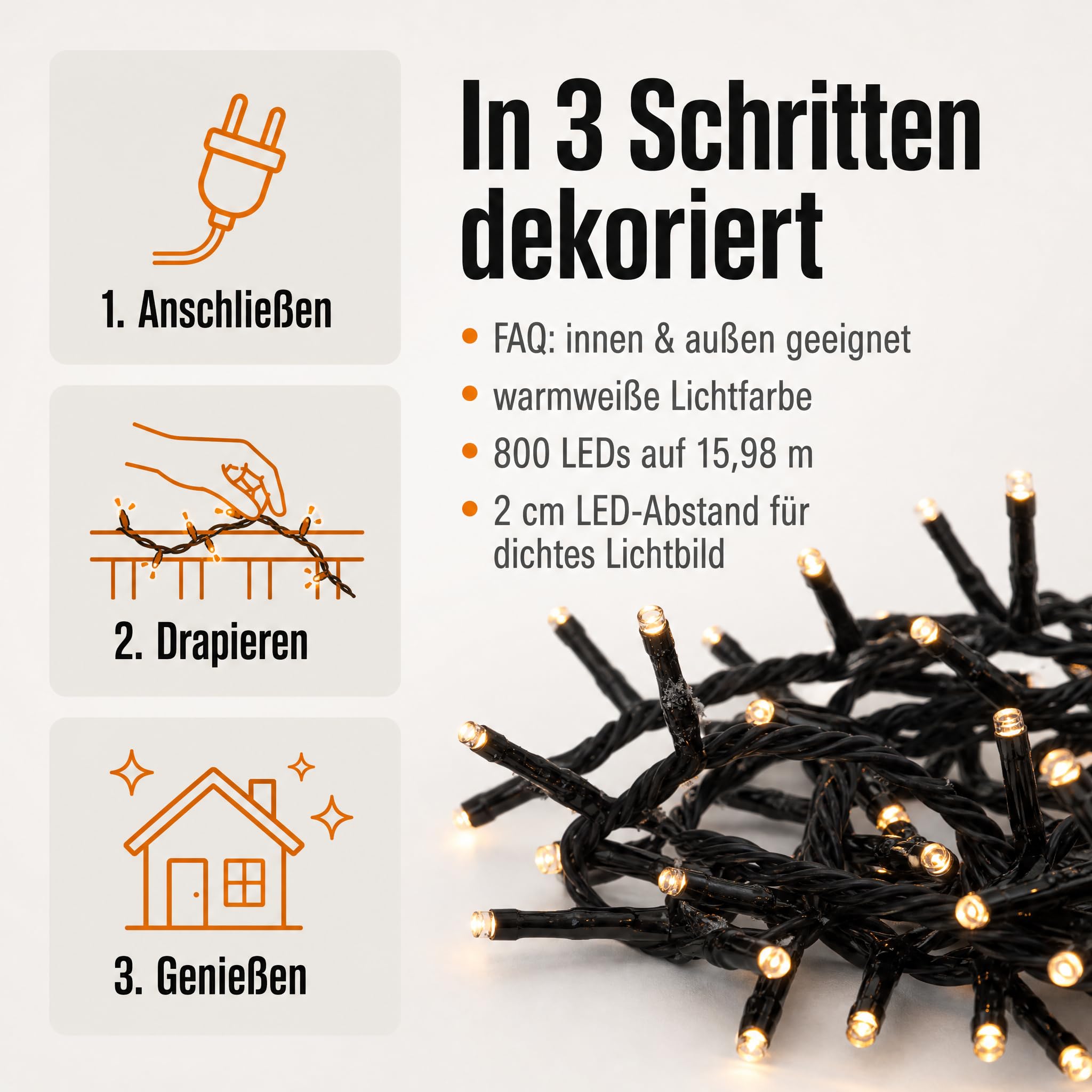 hellum Lichterkette Außen LED mit Stecker, 800 Mini-LED warmweiß, 15,98 m beleuchtet, schwarzes Kabel, für Weihnachtsbaum, Balkon & Terrasse, Gartenbeleuchtung, <59lm, 151893