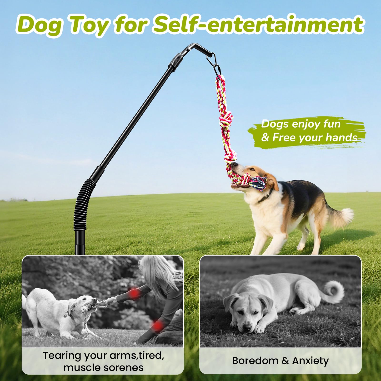 Juguete de cuerda para perros de rotación de 360°, juguete de cuerda para perros de ejercicio en patio/parque/césped, entrenamiento de perros, 3 juguetes de cuerda, 2 postes de resorte reforzados