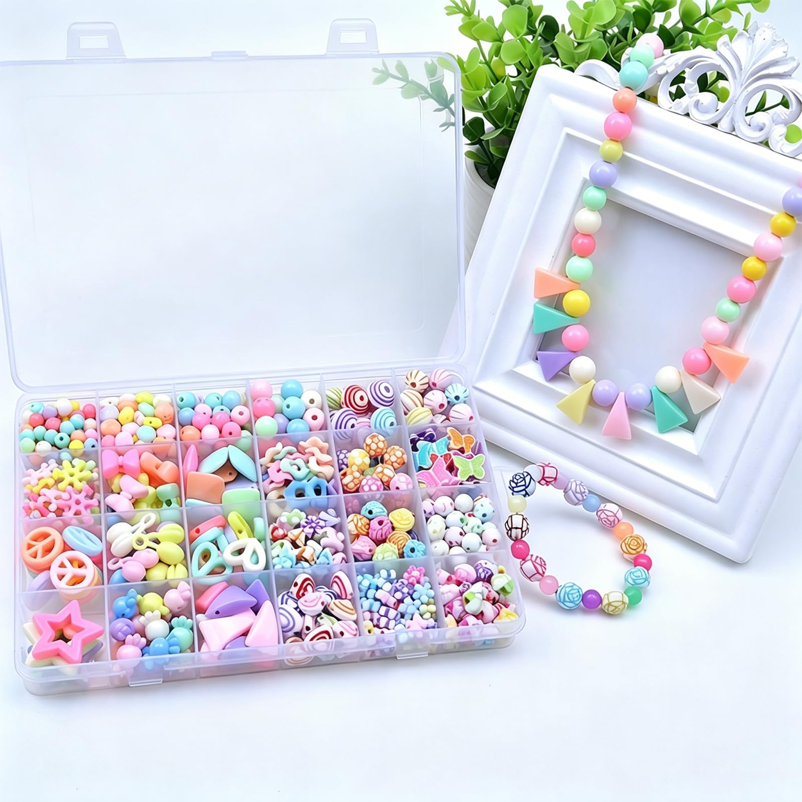 SKYPRO DIY Beaded Jewelry Making Kit, Acrylic Loose Beads & Spacer Beads, Handmade Bracelet Necklace Making Set with 24-Compartment Storage Box（Type2 500Pcs）
