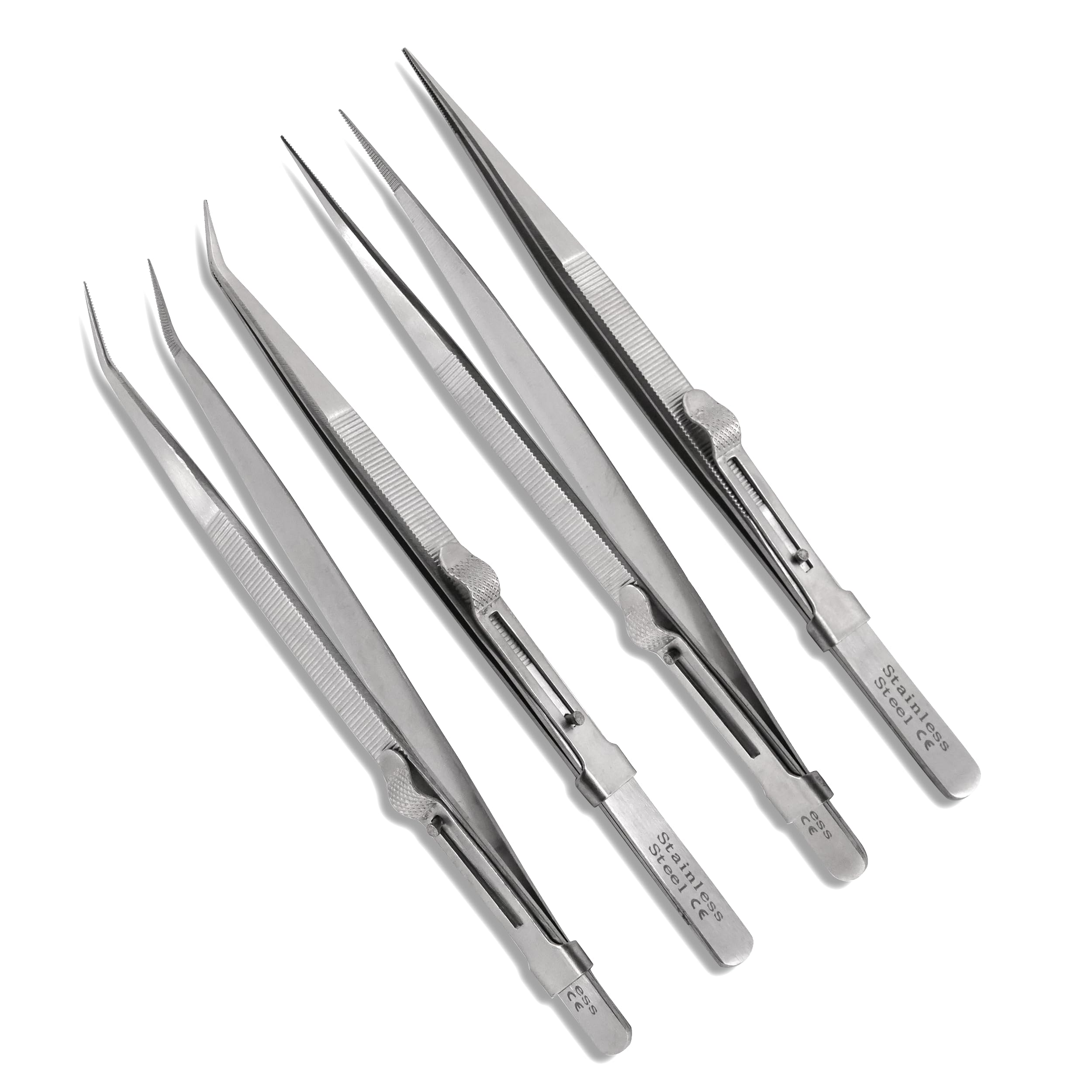 Locking Tweezer Forceps - Set of 4 - Precision Gripping Force for Electronics, Jewelry, Crafts and Various Tasks - Easy Release