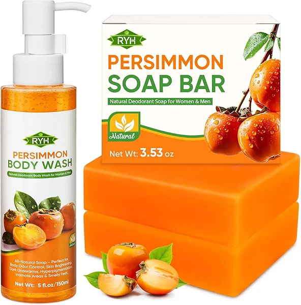 2 PCS Persimmon Soap Bar and Persimmon Body Wash for Body Odor Control, Natural Deodorant Soap for Old People Smell, Remove Body Odor Shower Gel, Persimmon Bath Soap for Women & Men
