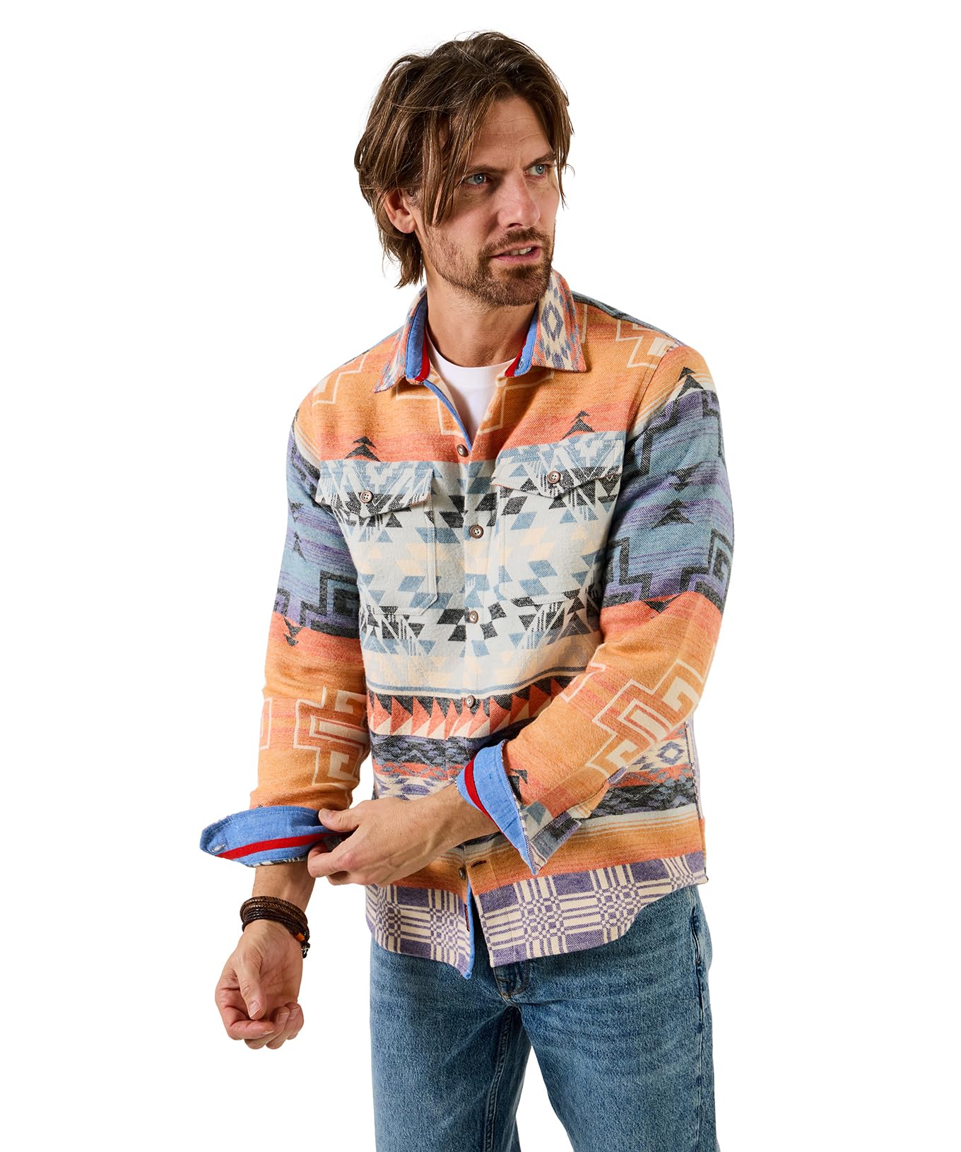 Joe Browns Men's Aztec Print Overshirt, Regular, Orange, UK XL