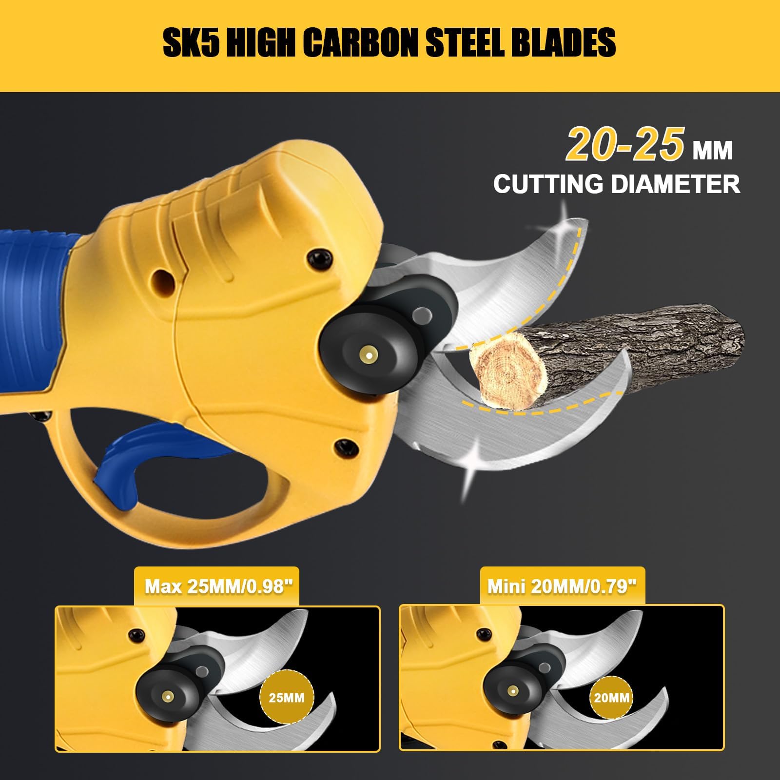 Electric Pruning Shears Compatible with DeWalt 20V MAX Battery Cordless Portable Pruner w/ 2,6000RPM Brushless Motor, SK5 Steel Blades-0.98 Inch Cutting Diameter, 2 X 20V 2.0Ah Battery & Charger Kit
