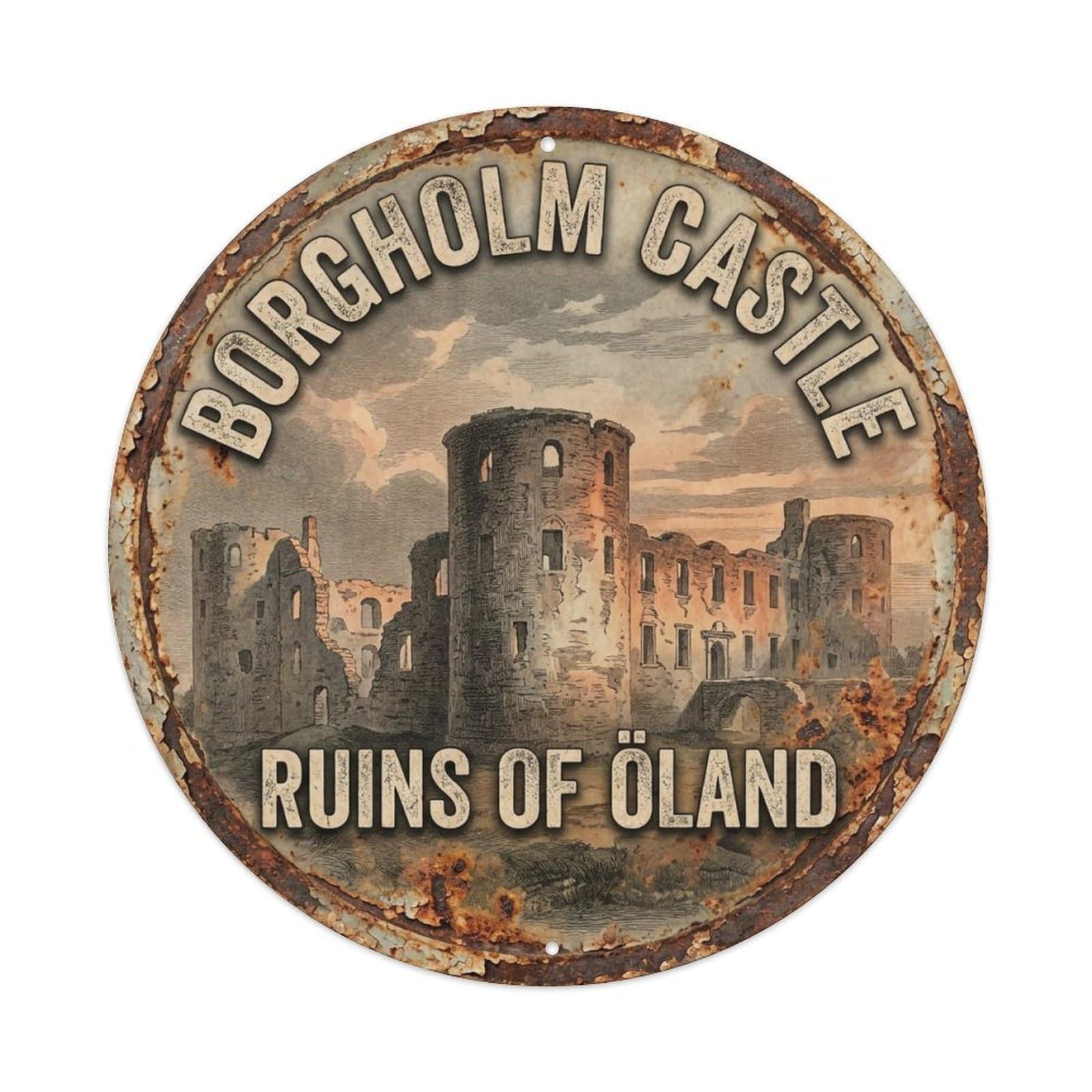 Okahys 8X8inch(20X20cm) Vintage Travel Borgholm Castle Sweden Ruins Metal Tin Sign