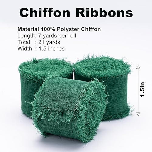 Miniatura 2 de Cinta de gasa, 3 rollos de cinta de gasa de seda con flecos de color verde oscuro hecho a mano de 1.5 pulgadas x 7 yardas, juego de cintas para