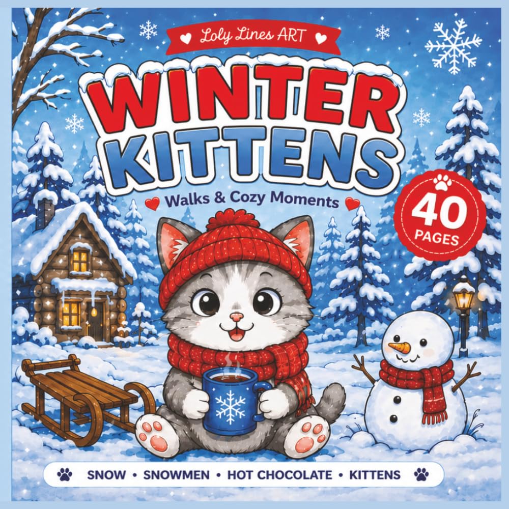 Winter Kittens Coloring Book: Bold and Easy Coloring Book for Kids | 40 Cute Winter Cat Scenes with Snow, Snowmen, Hot Cocoa, and Cozy Fun