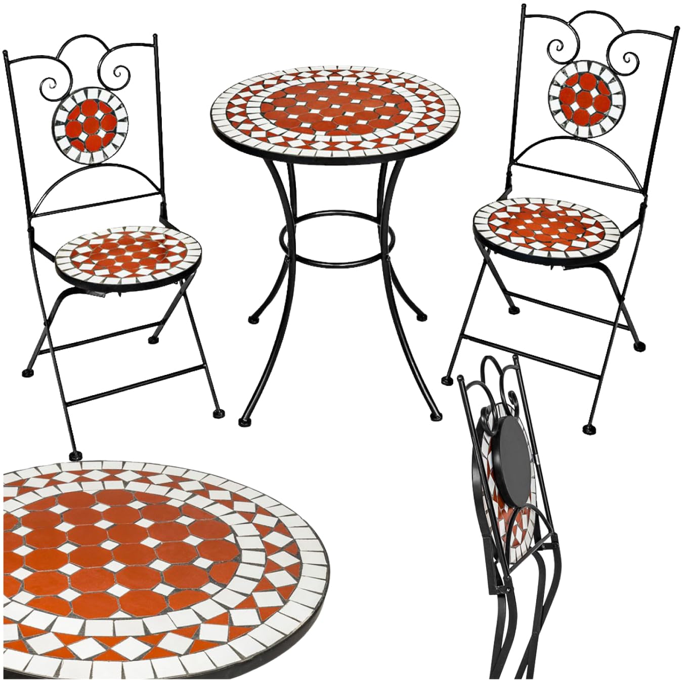 tectake® Conjunto Muebles Jardín Exterior de Metal y Cerámica, 1 Mesa y 2 Sillas Plegables, Muebles Terraza Impermeables y Resistentes a Intemperie, Gran Capacidad de Carga, Fácil Limpieza - marrón