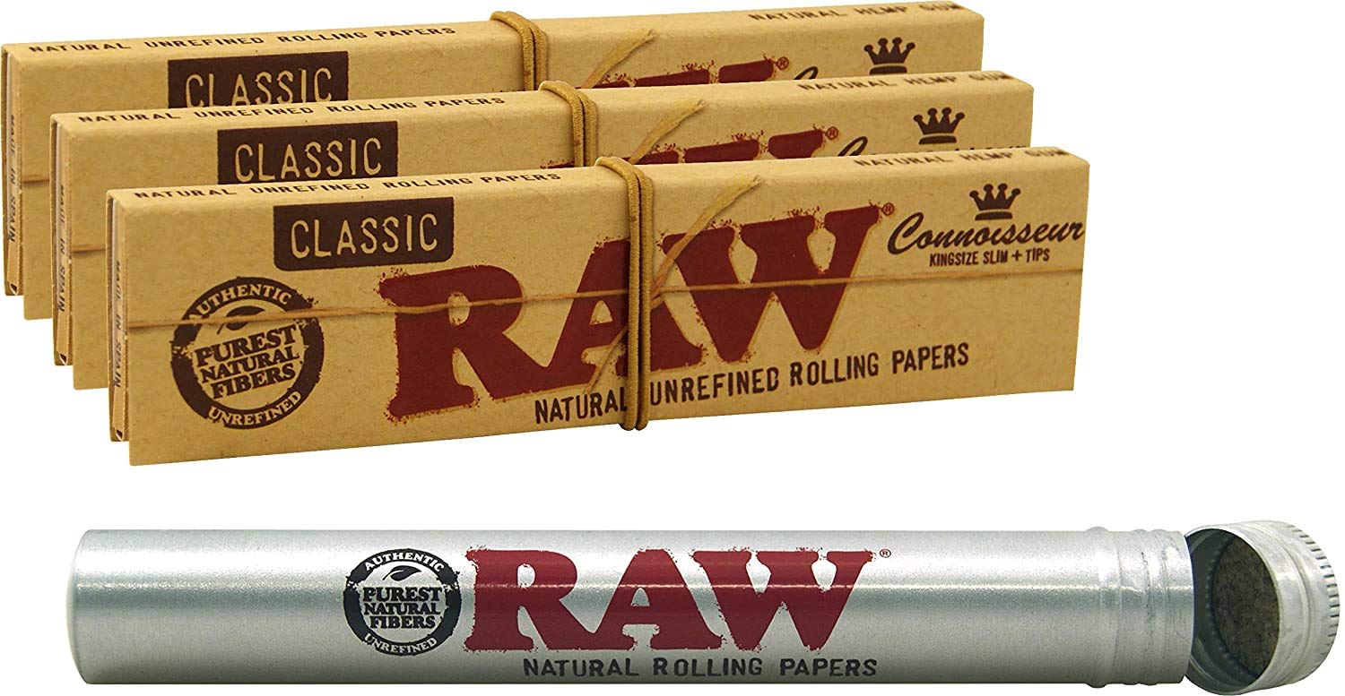 Set of 4 pieces. 3 x RAW Connoisseur KS Papers including Tips – RAW Aluminium Tube Fight Button 25 mm