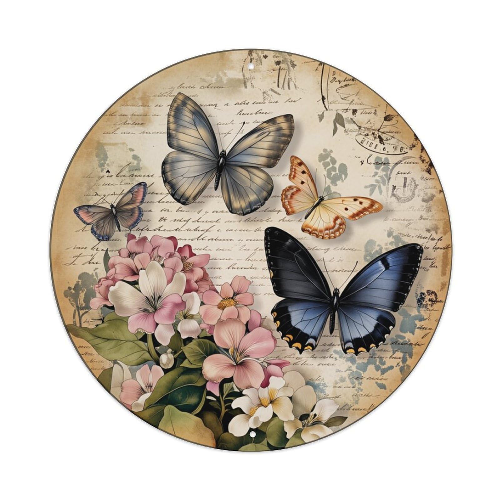 Butterfly Floral Vintage Script Art Round Tin Sign Retro Metal Sign for Cafe Bar Pub Home Game Room Gym Club Wall Decoration Vintage Metal Poster 8x8 Inch