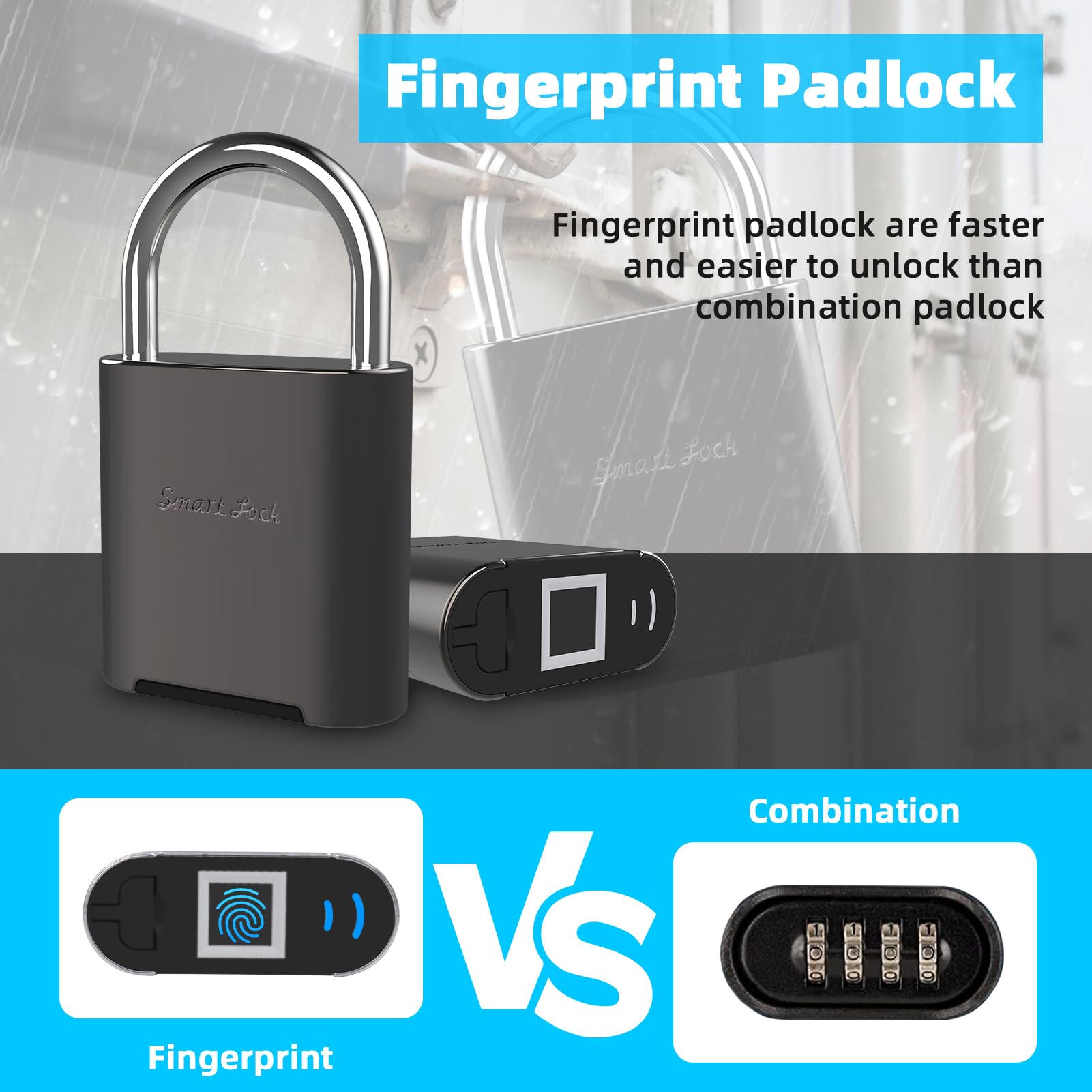 Candado con huella digital, biométrico padlock, candado inteligente con llave de emergencia, candado impermeable para taquillas de gimnasios, escuelas, piscinas y campos deportivos