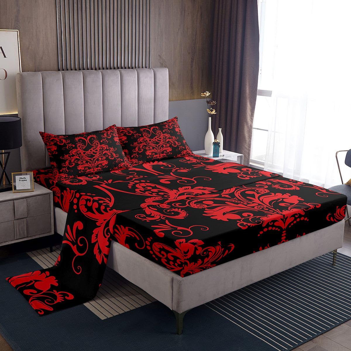 Homewish Czerwony adamaszek zestaw pościeli podwójny serpentyn mały smok gotyckie prześcieradła vintage boho kwiatowy zestaw prześcieradeł - antyczne wiktoriańskie dopasowane prześcieradła wierzchnie
