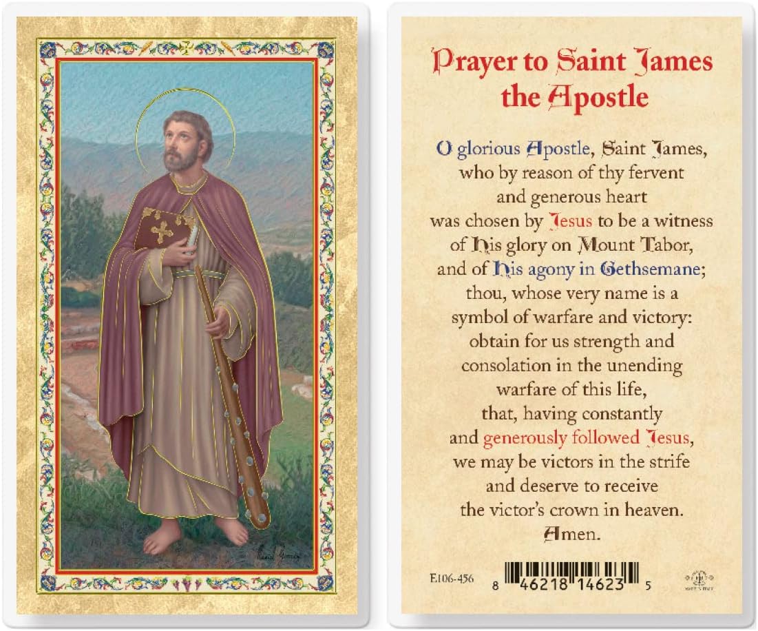 Hirten Prayer to St. James Gold-Stamped Laminated Catholic Prayer Holy Card with Prayer on Back, Pack of 25