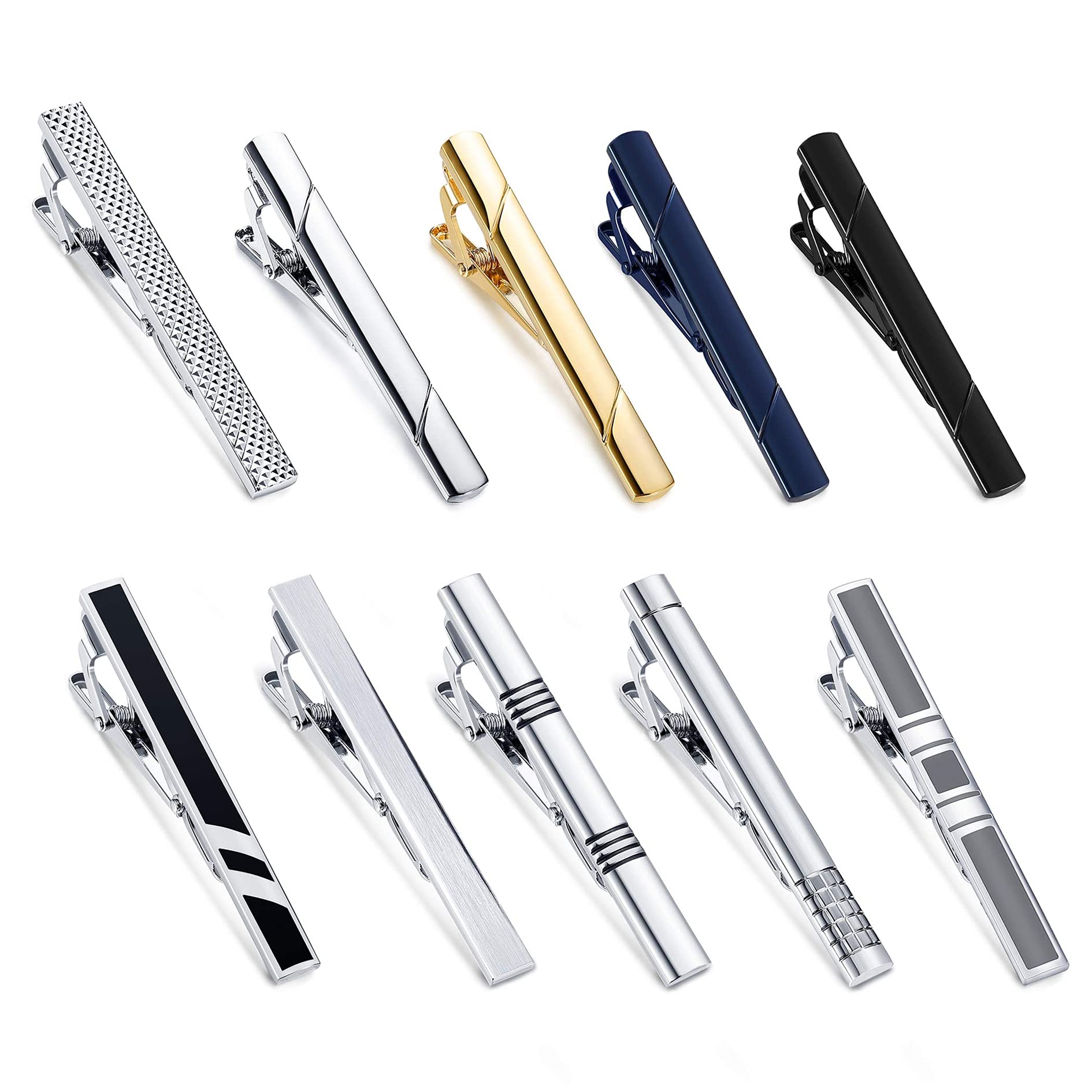 10 Pcs Pinces à Cravate pour Hommes, avec Boîte-Cadeau, Cravate Affaires Barre de Mariage Clips Set, épingles à Cravate, Noire Or Argent Bleu