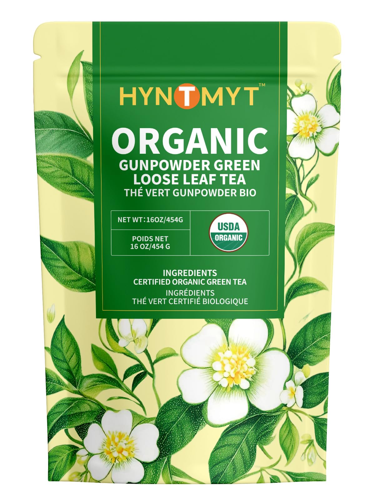 HYNTMYT Organic Gunpowder Green Loose Leaf Tea, USDA Organic Green Tea, Smooth Taste, Unsweetened, Lower Caffeine, 16oz