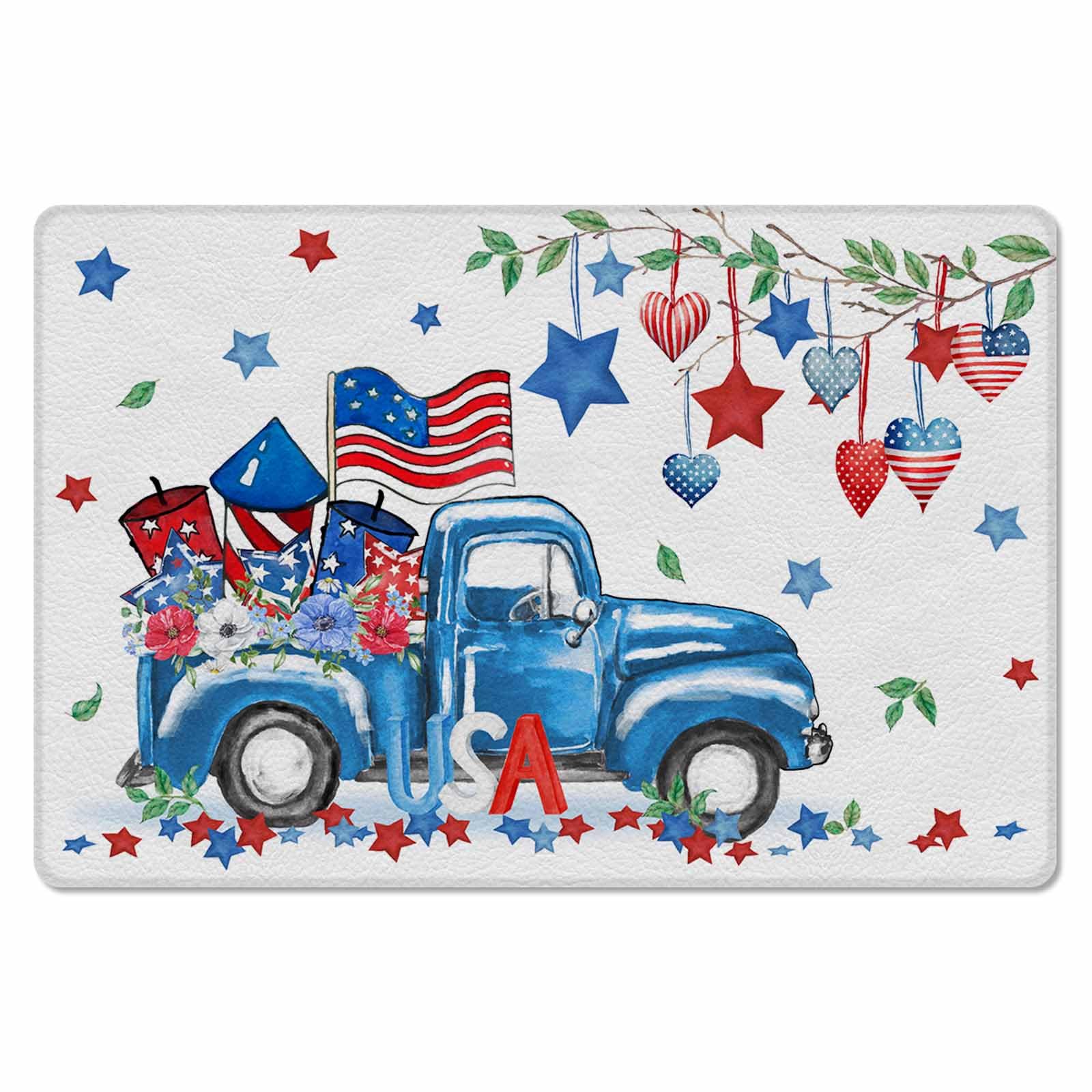 Patriotic Blue Truck Antifatigue Kitchen Bath Door Mat Cushioned Runner Rug,Washable Welcome Floor Sink Mat,Waterproof Non-Slip Kitchen Standing Doormat,Star Love Eucalyptus 4th of July Floral 24