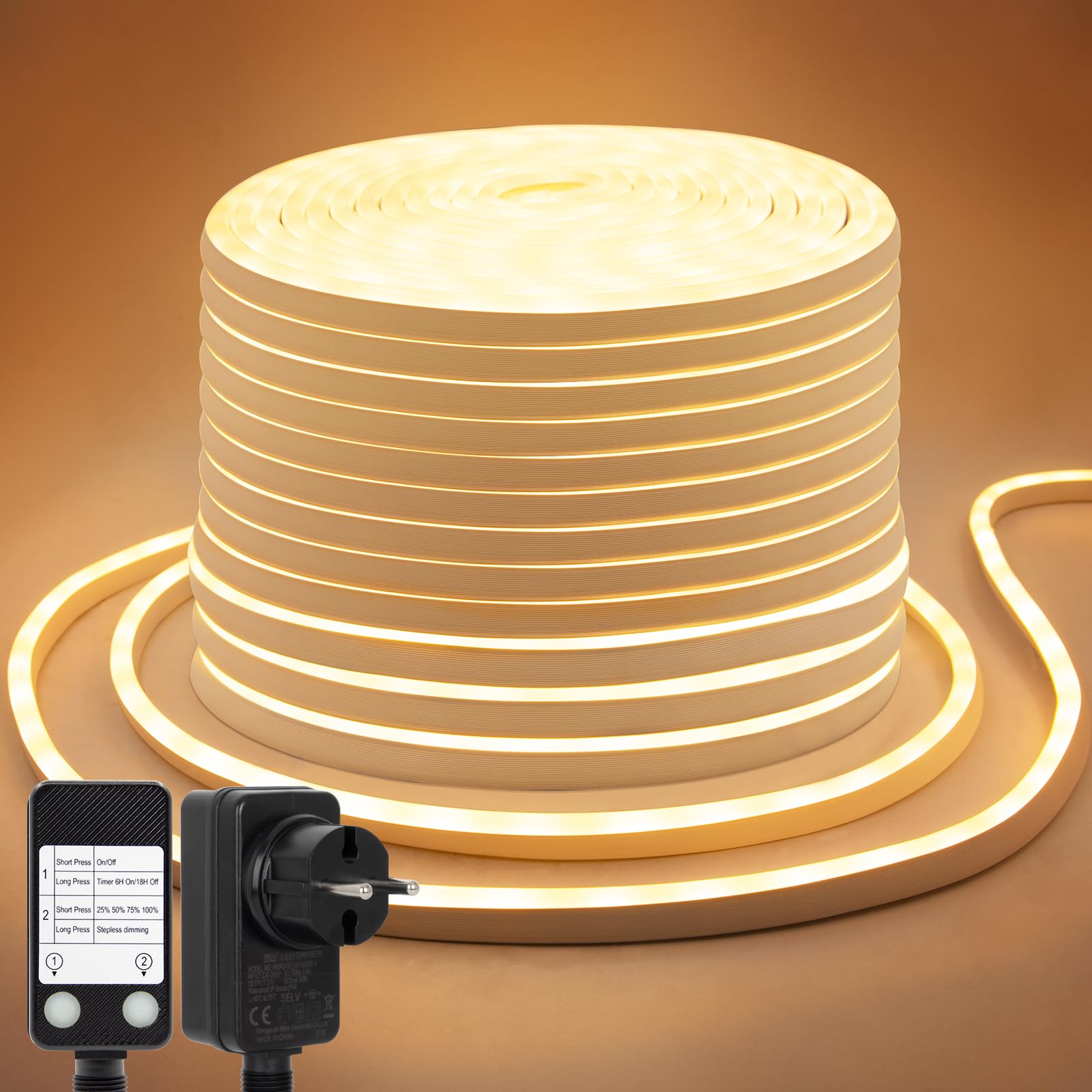 CCILAND 20M Neon LED Streifen, Neon Seillichter 24V Dimmbar | Timer, Dimmbar, IP67 Wasserdicht, Silikon Flexibel, 24V, DIY-freundlich, für Heim Küche Innen Außen Dekoration