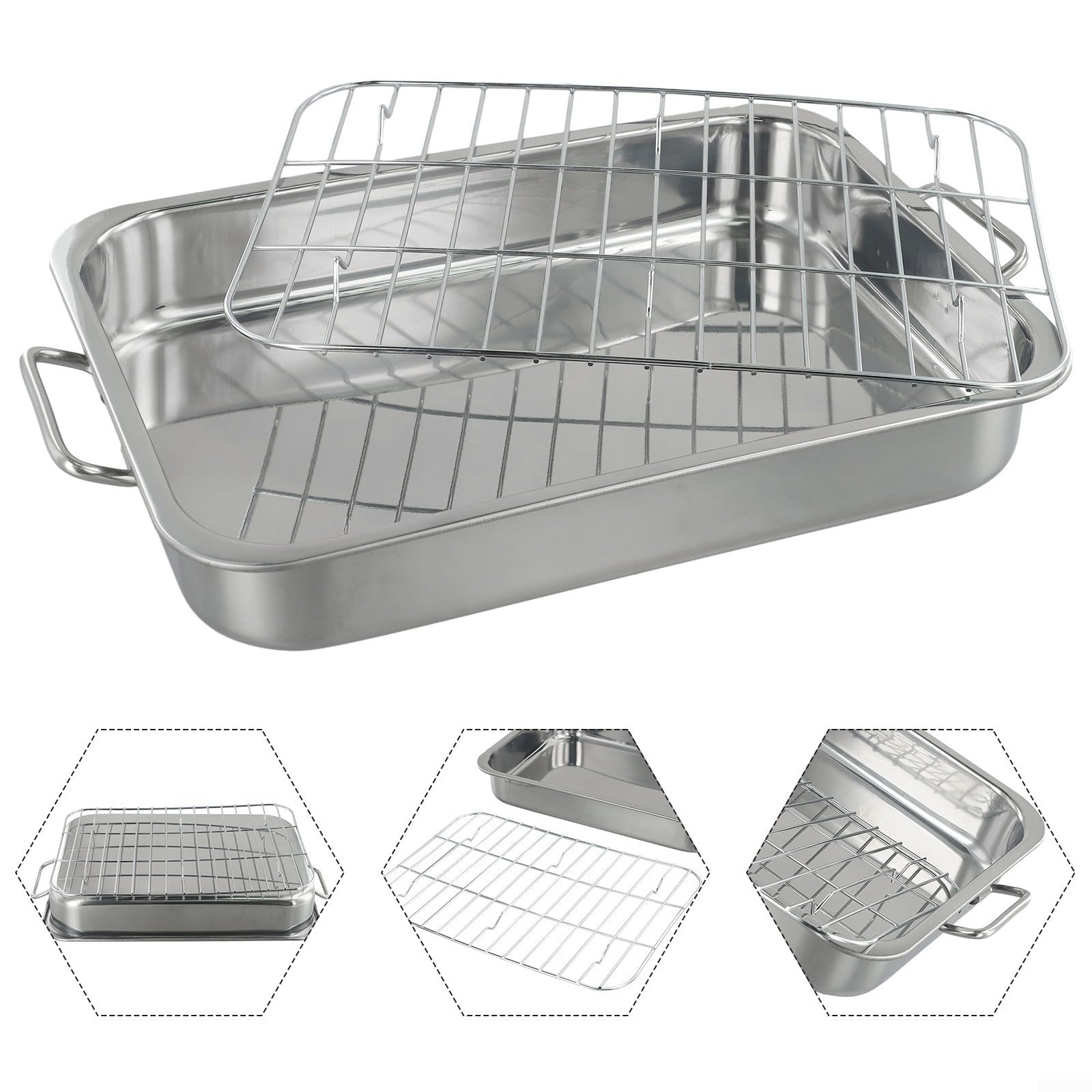 Bandeja de acero inoxidable con estante, para hornear y asar carnes y verduras en el horno (42 x 32 x 6,5 cm)